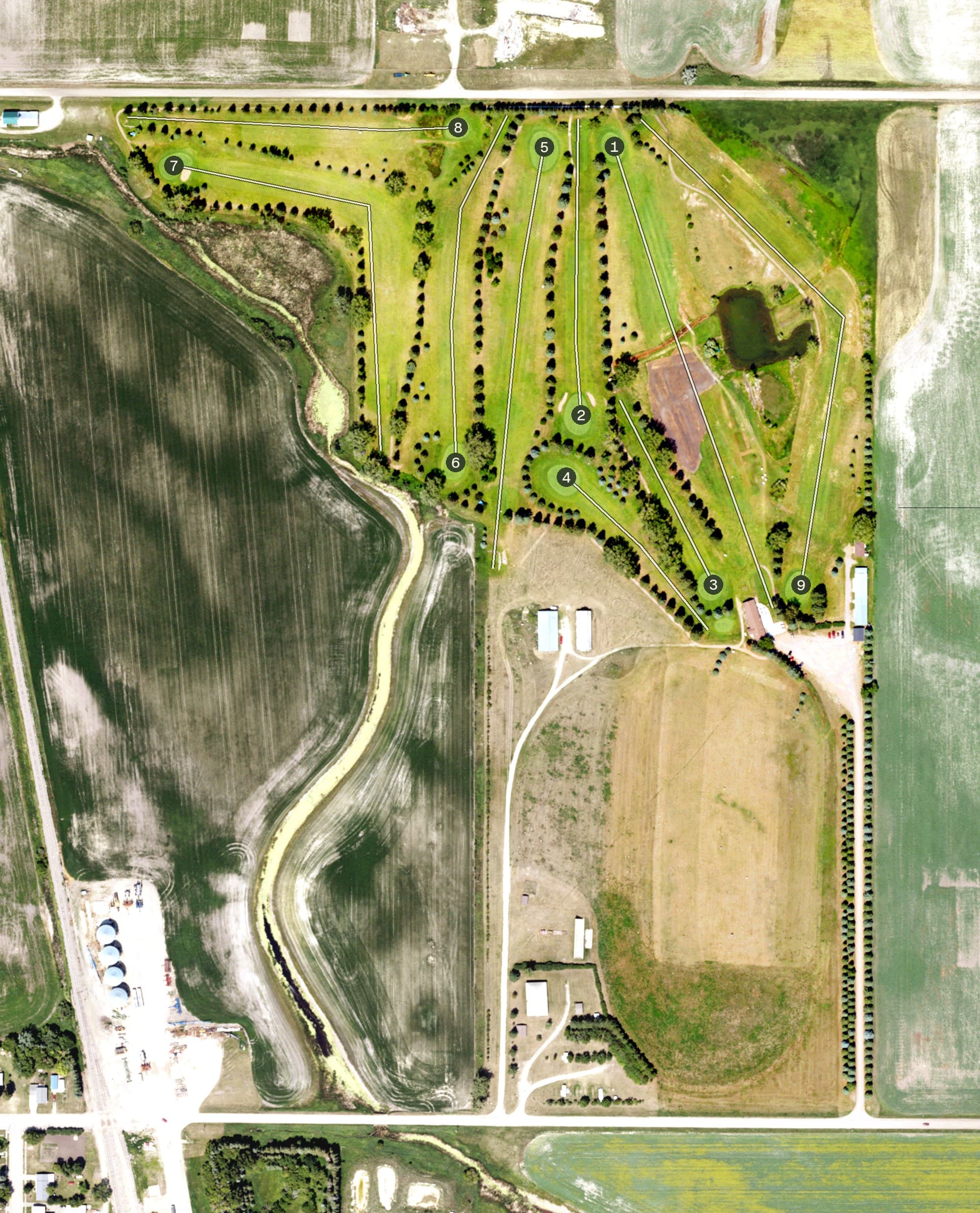 Aerial view of Cando Golf Club, ND, with its hole routing marked
