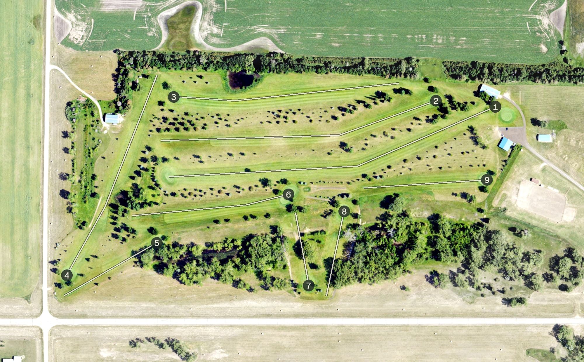 Aerial view of Cottonwood Golf Club, ND, with its hole routing marked