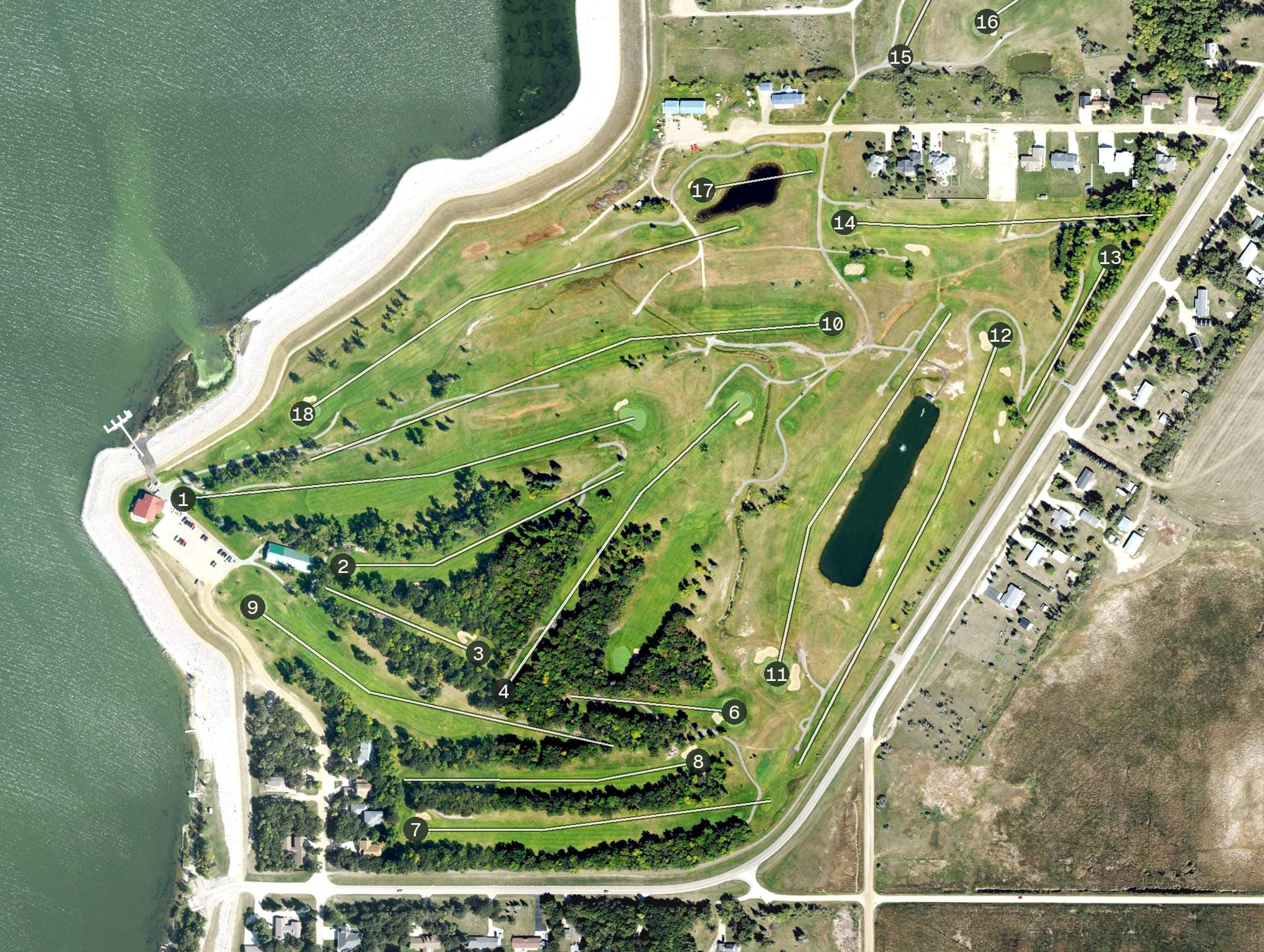 Aerial view of Creel Bay Golf Course, ND, with its hole routing marked