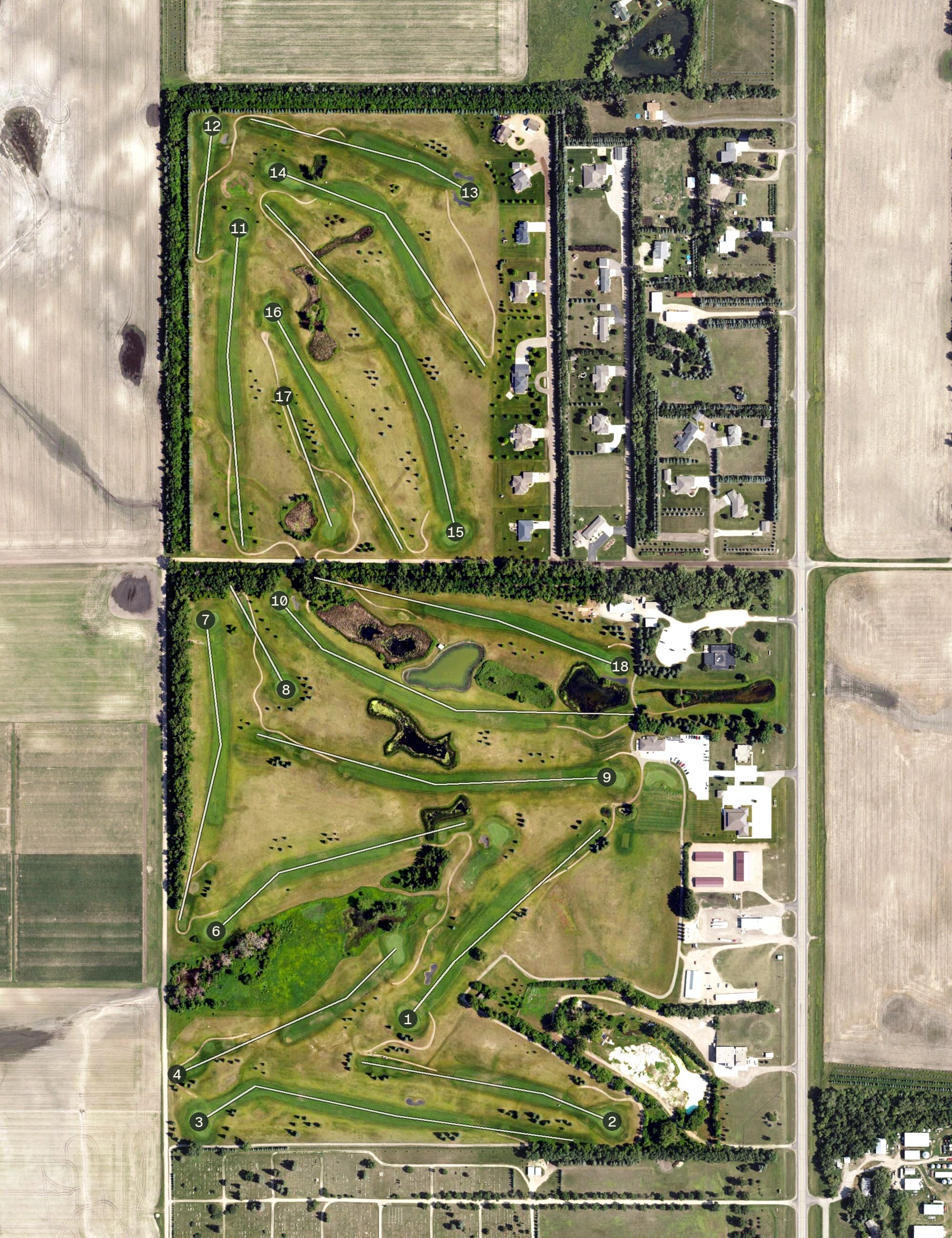 Aerial view of Crossroads Golf Course, ND, with its hole routing marked