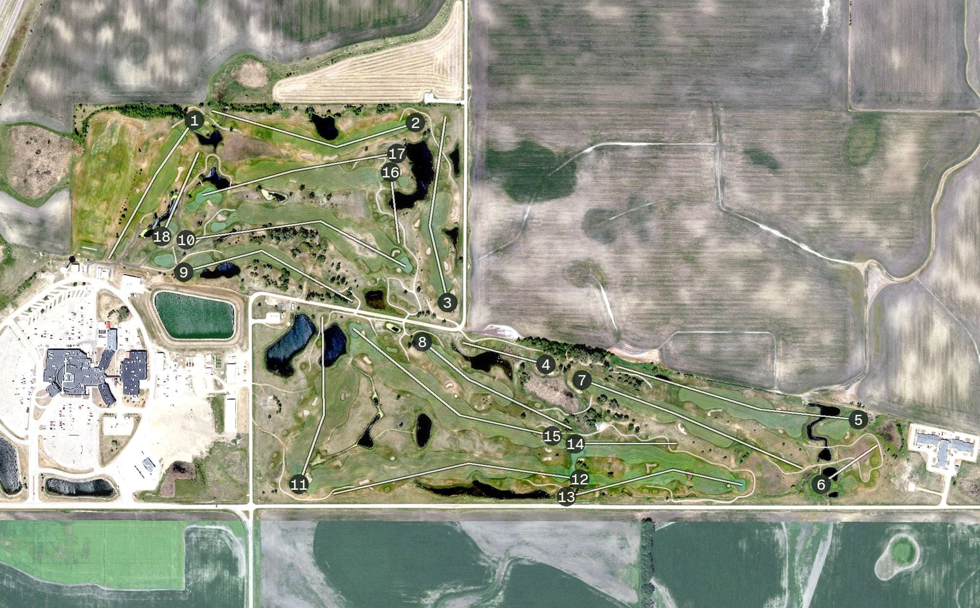 Aerial view of Dakota Winds Golf Course, ND, with its hole routing marked