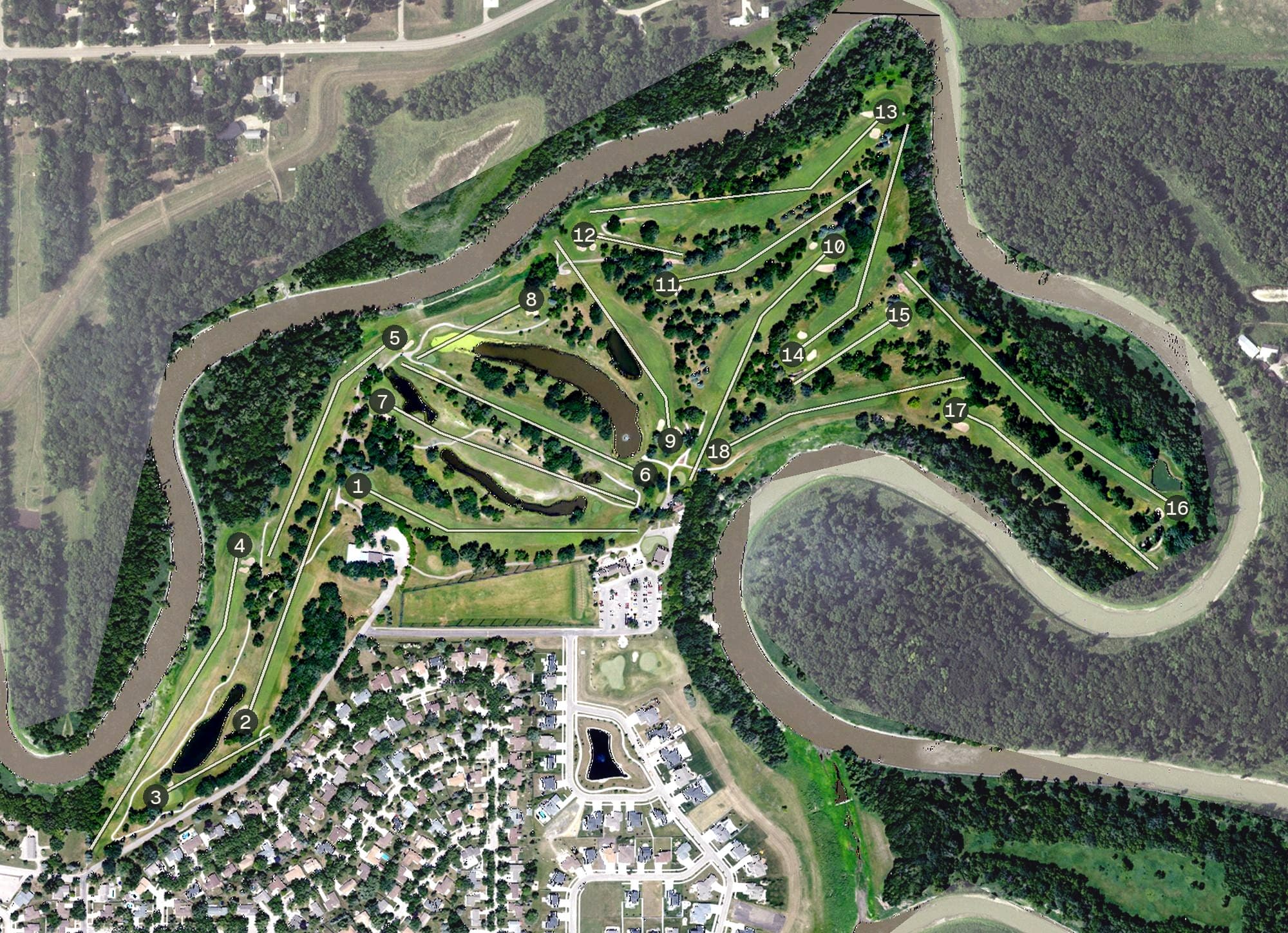 Aerial view of Edgewood Golf Course, ND, with its hole routing marked