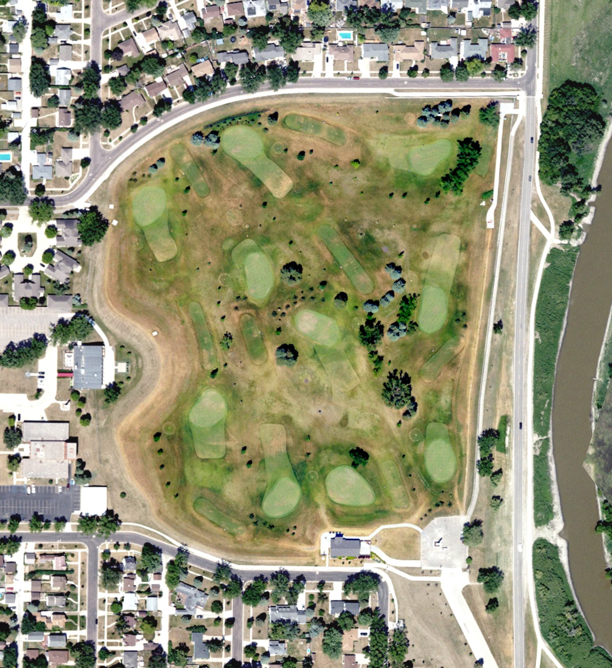 Aerial view of El Zagal Golf Course, ND, with its hole routing marked