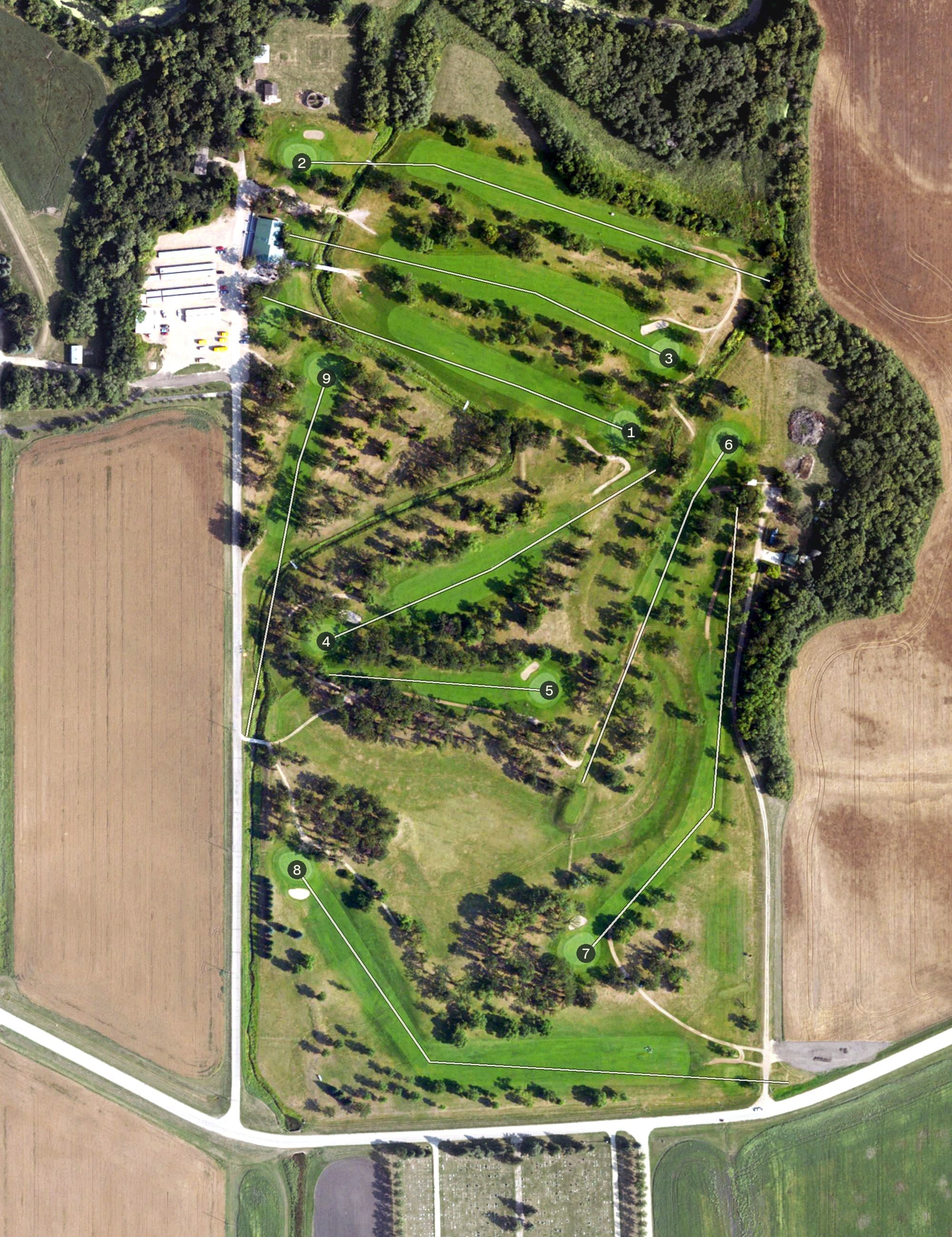 Aerial view of Fair Oaks, ND, with its hole routing marked
