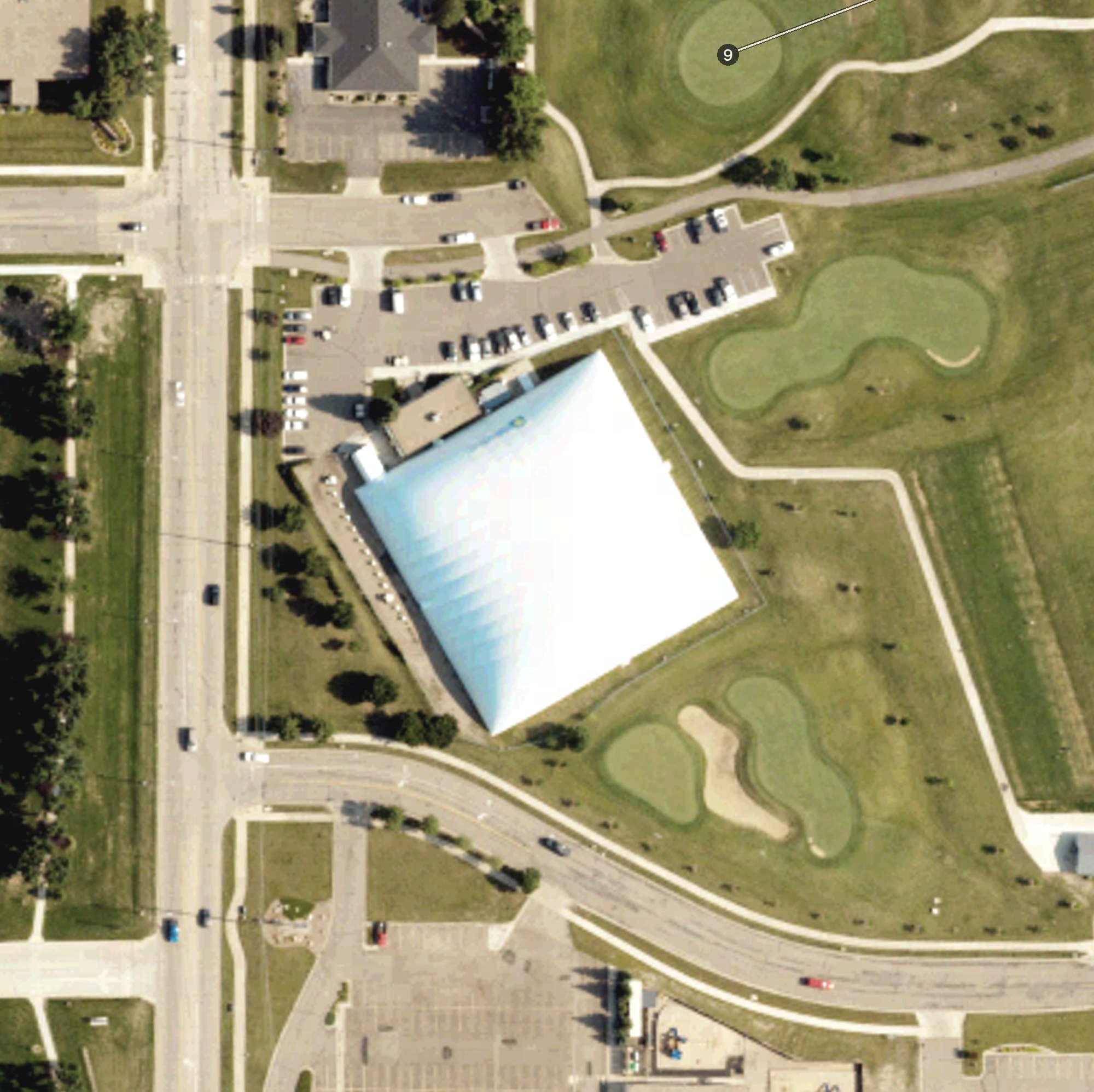 Aerial view of Fore Seasons Center, ND, with its hole routing marked