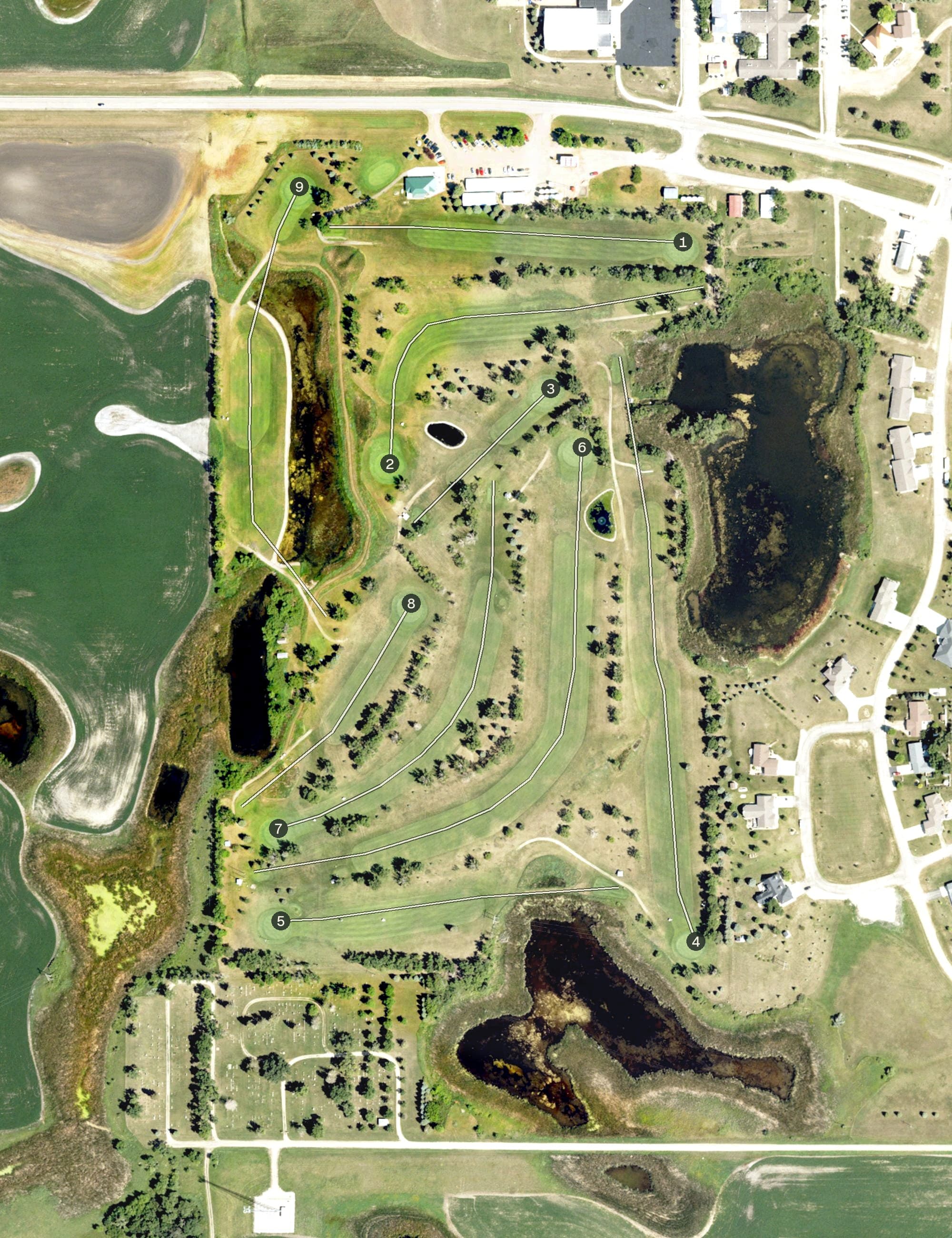 Aerial view of Forman Golf Course, ND, with its hole routing marked