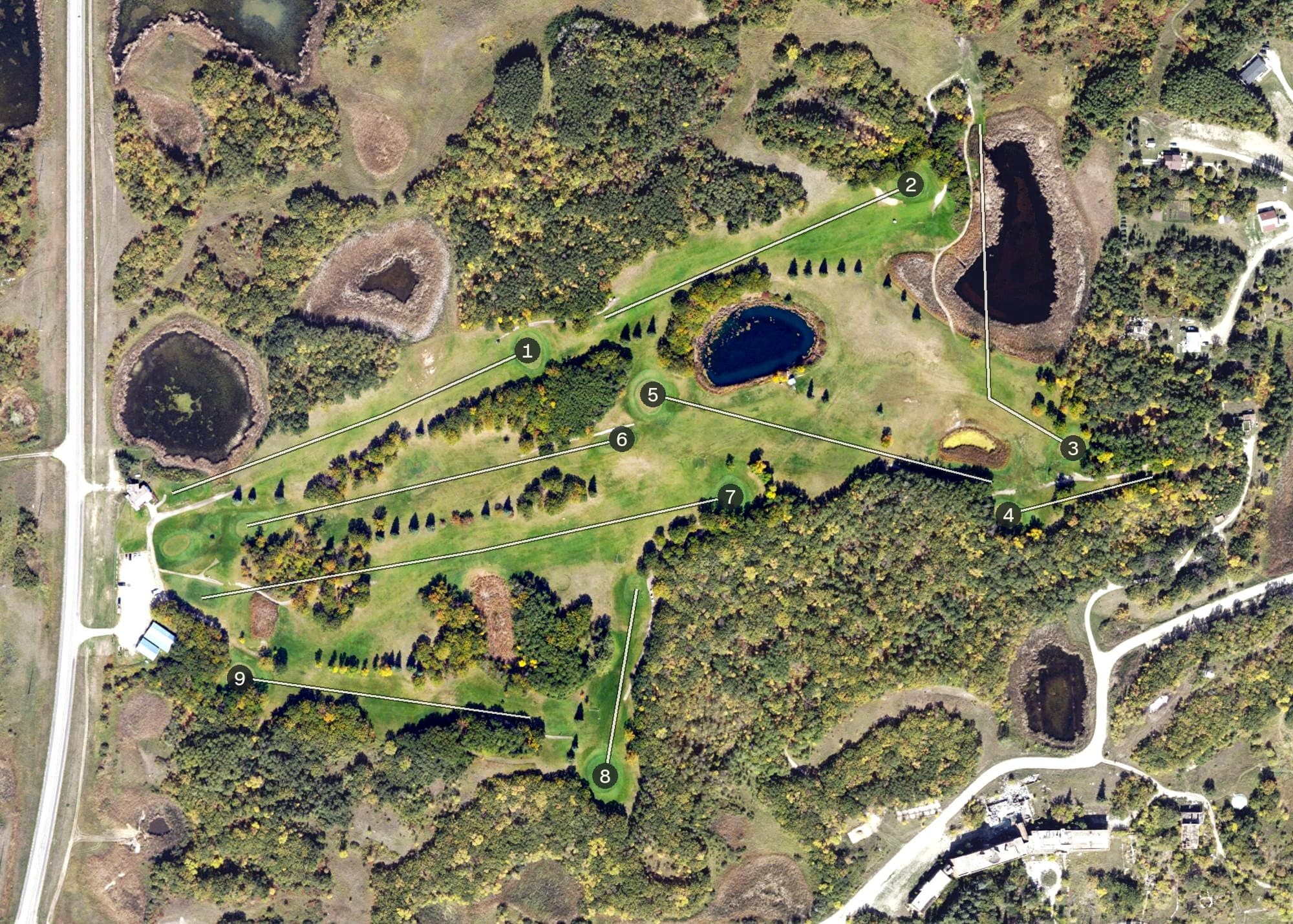 Aerial view of Garden Gate Golf Course, ND, with its hole routing marked