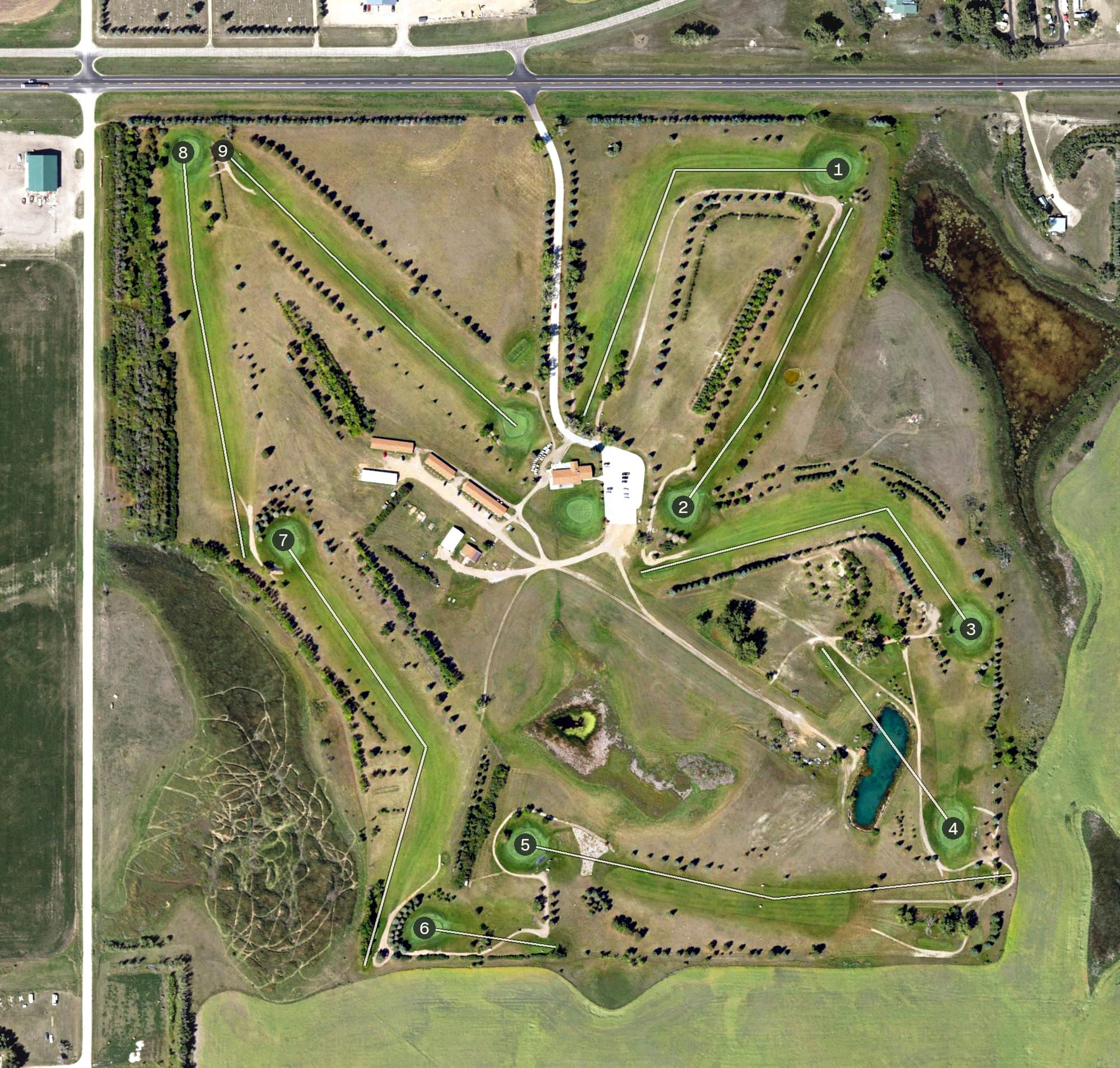 Aerial view of Garrison Golf Club, ND, with its hole routing marked