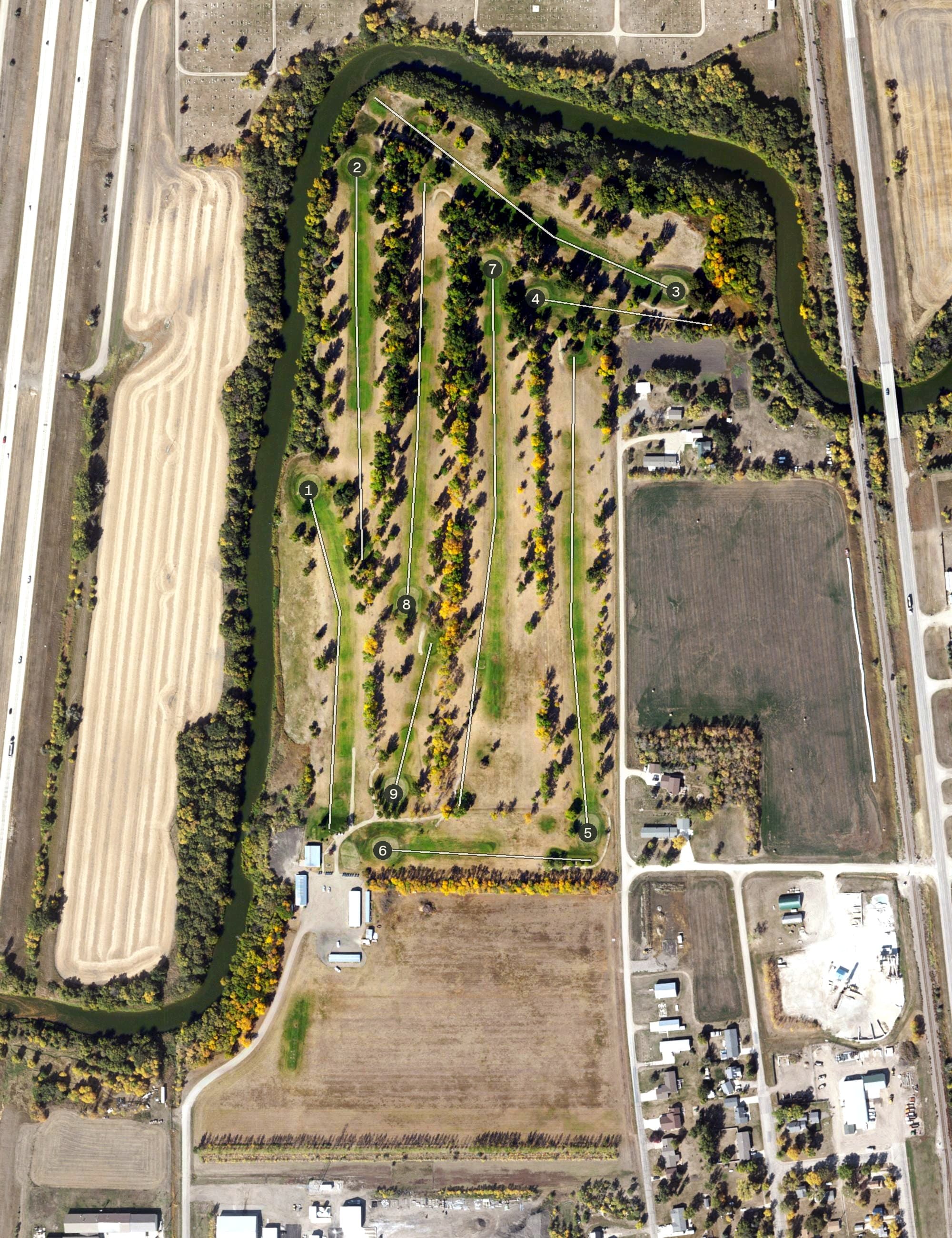 Aerial view of Goose River Golf Club, ND, with its hole routing marked