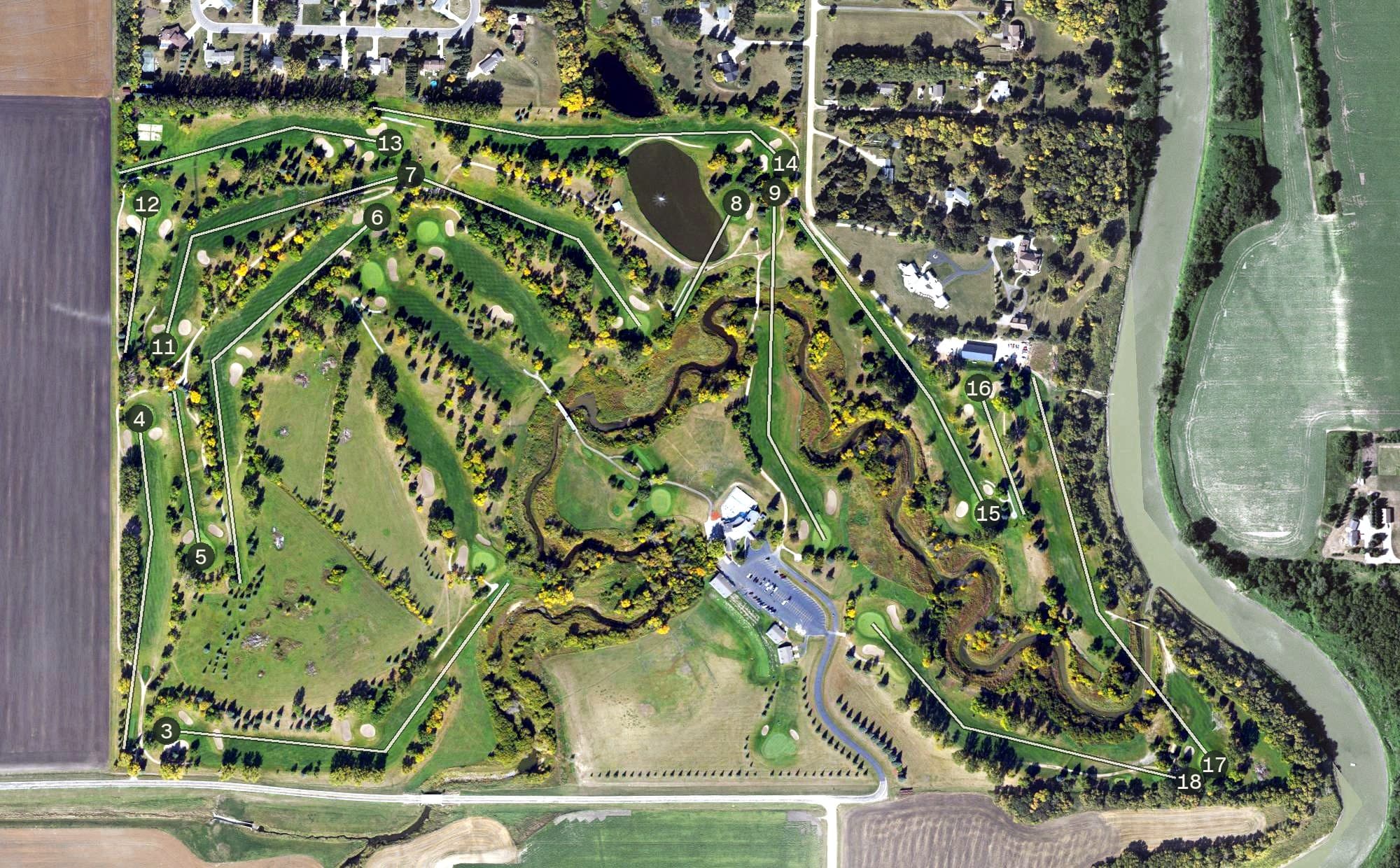Aerial view of Grand Forks Country Club, ND, with its hole routing marked