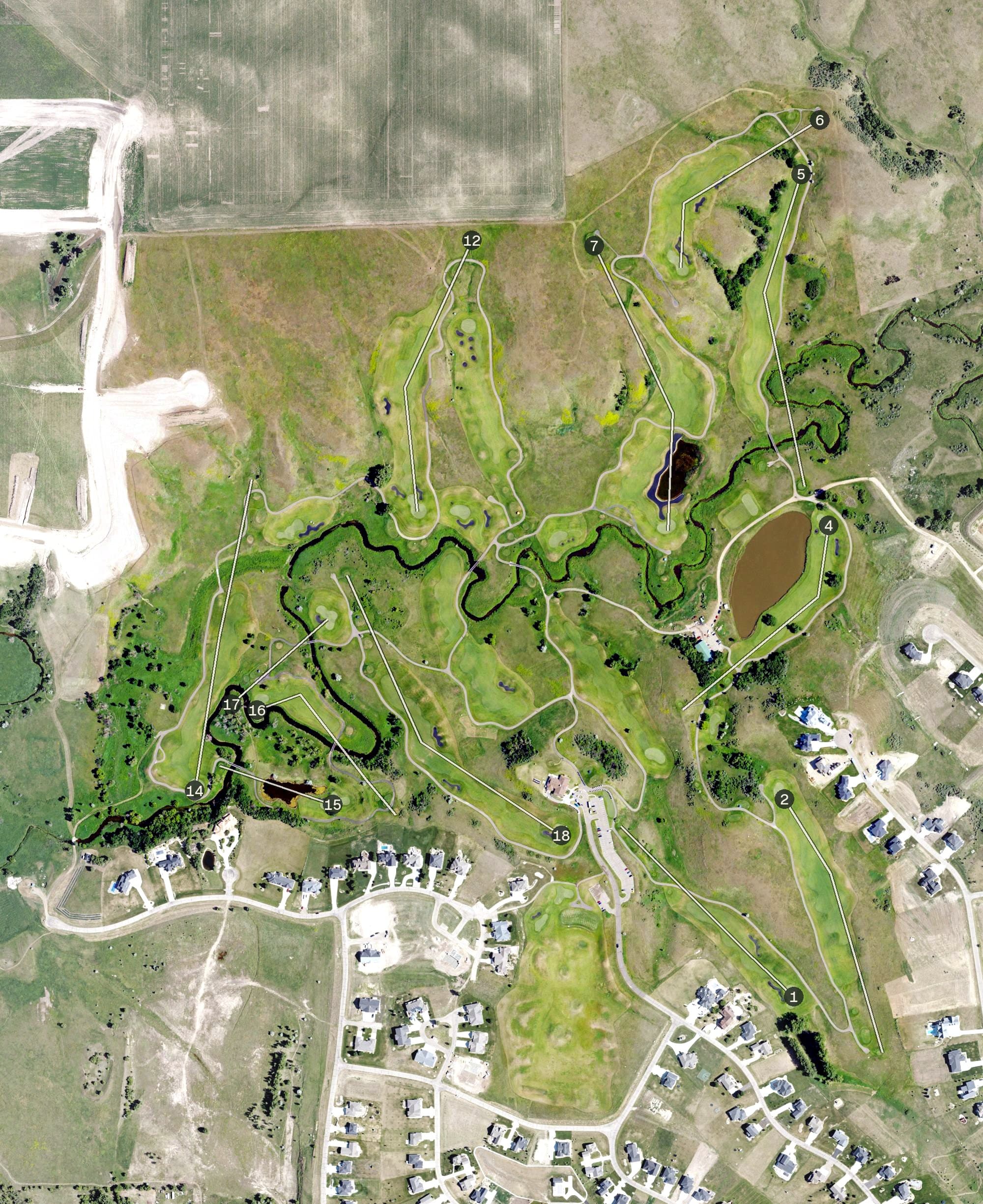 Aerial view of Hawktree Golf Club, ND, with its hole routing marked