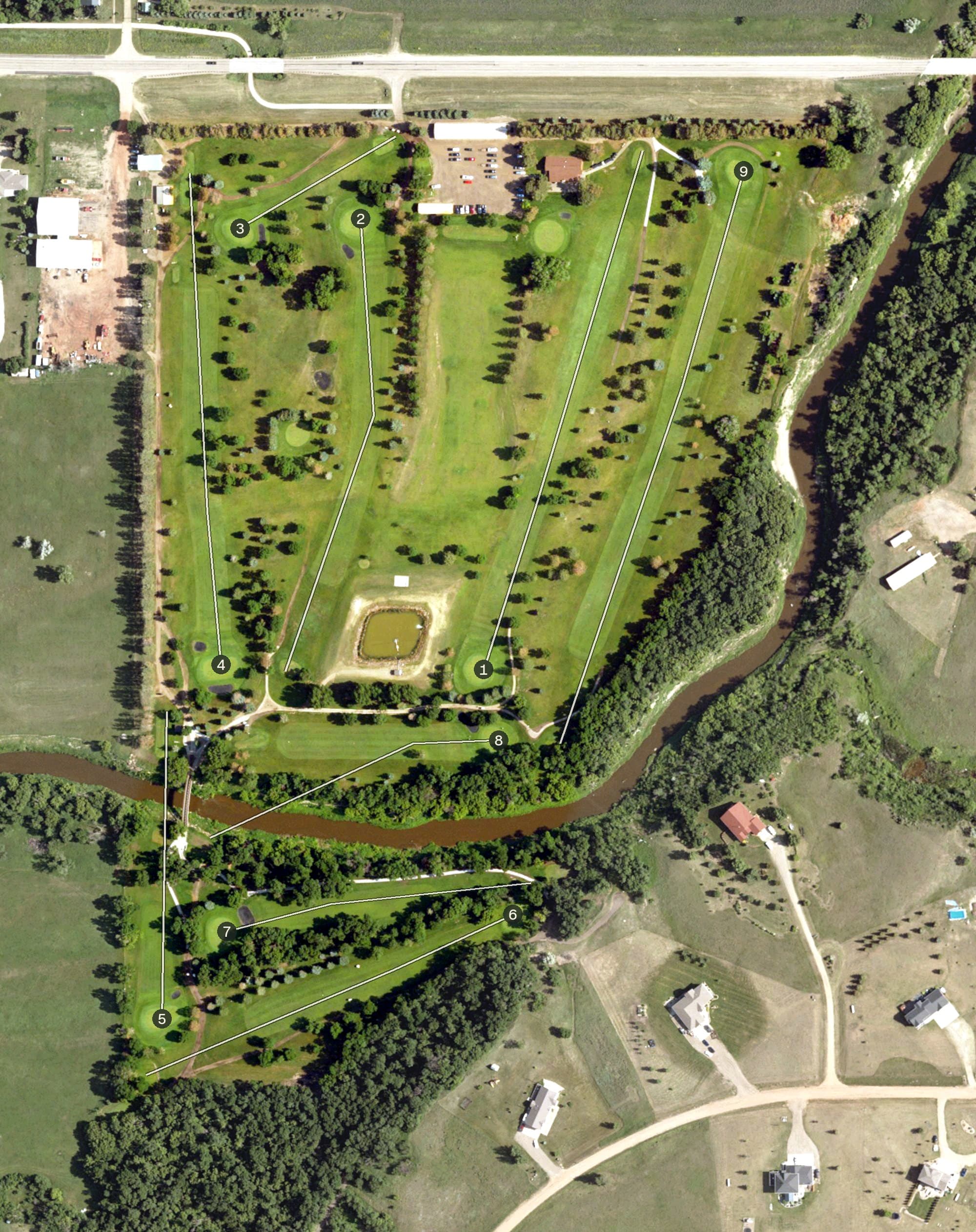 Aerial view of Hazen Golf Course, ND, with its hole routing marked