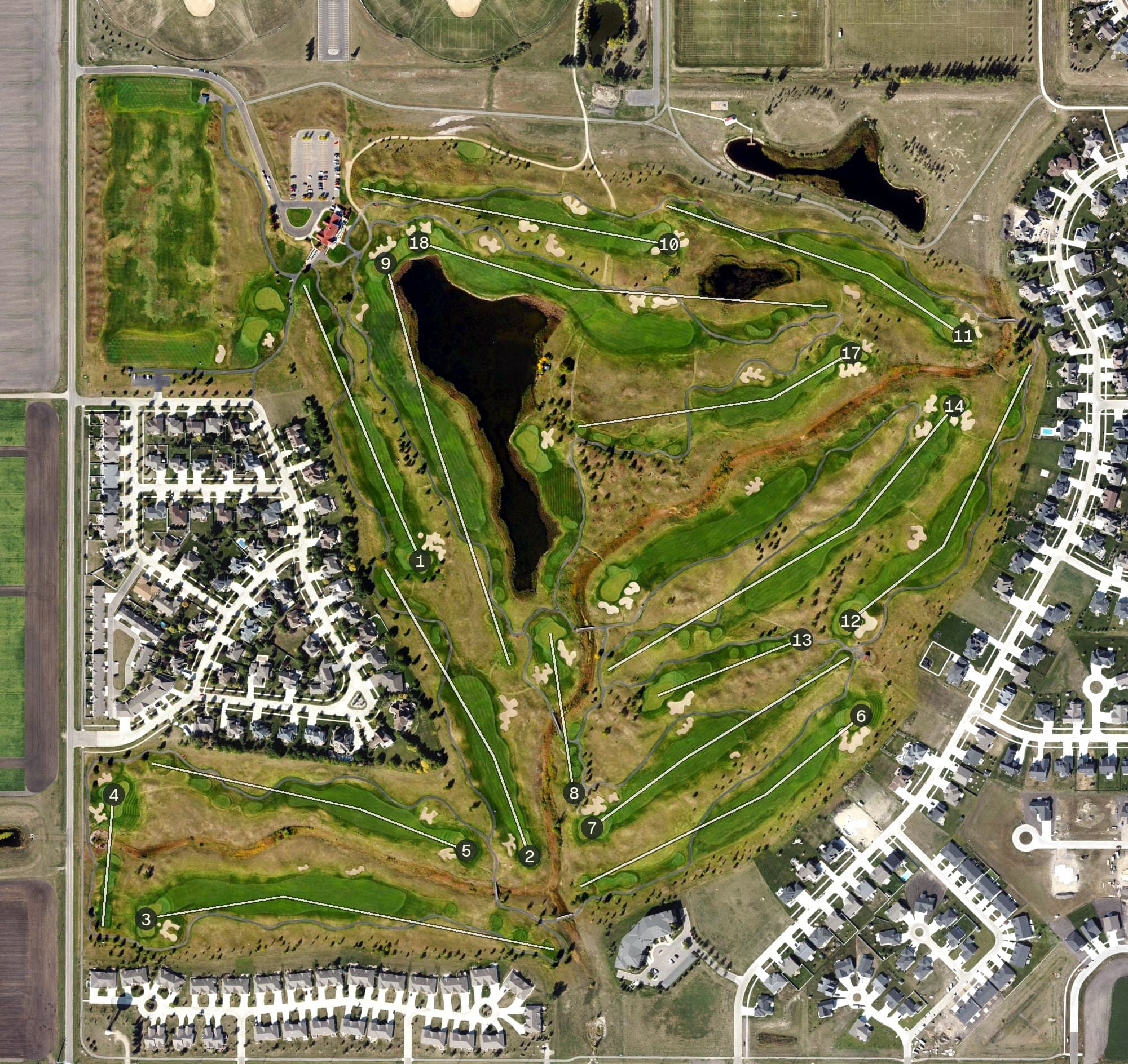 Aerial view of King's Walk, ND, with its hole routing marked