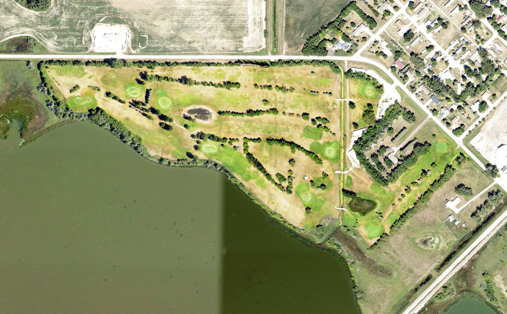 Aerial view of Lakeview Golf Course, ND, with its hole routing marked