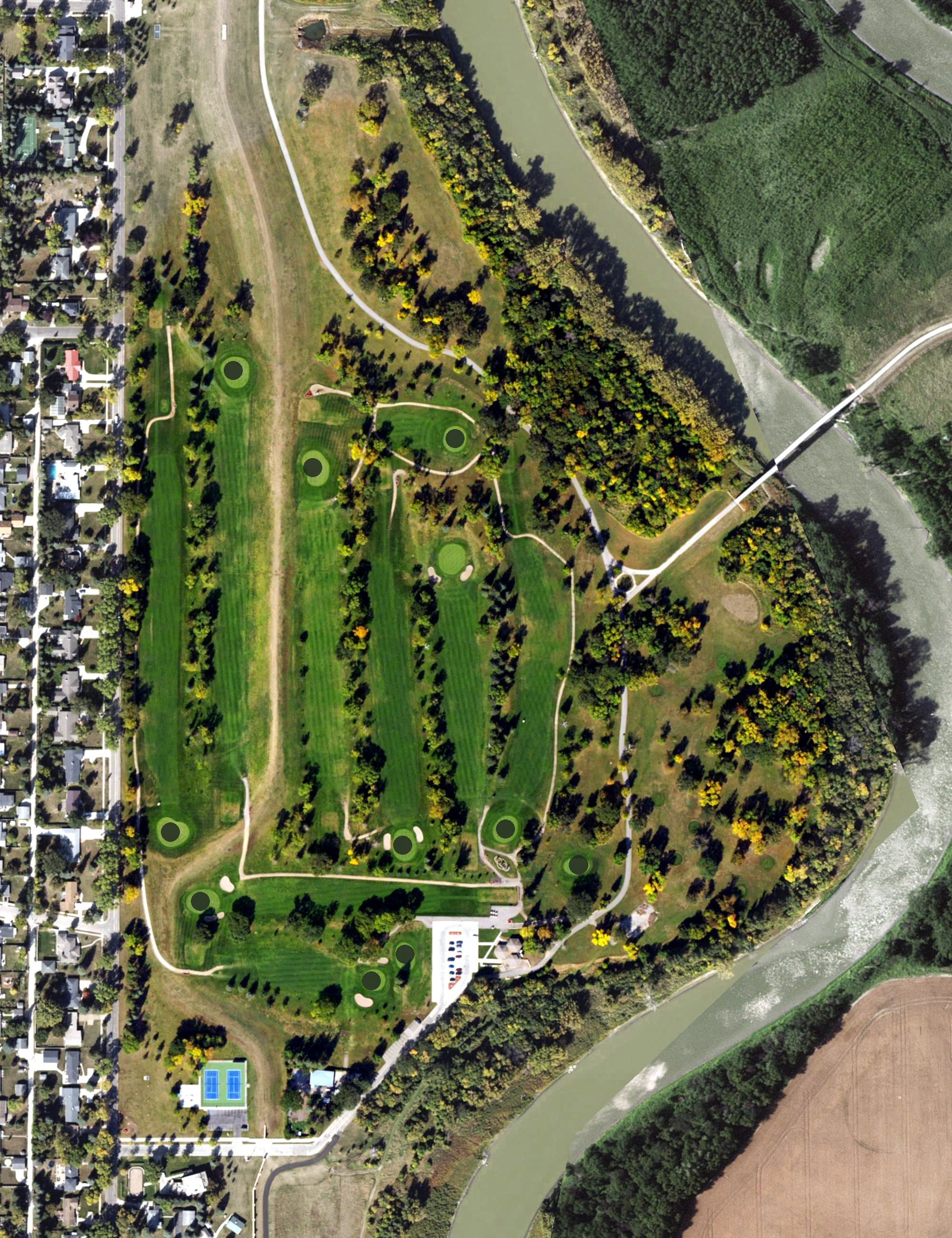 Aerial view of Lincoln Golf Course, ND, with its hole routing marked