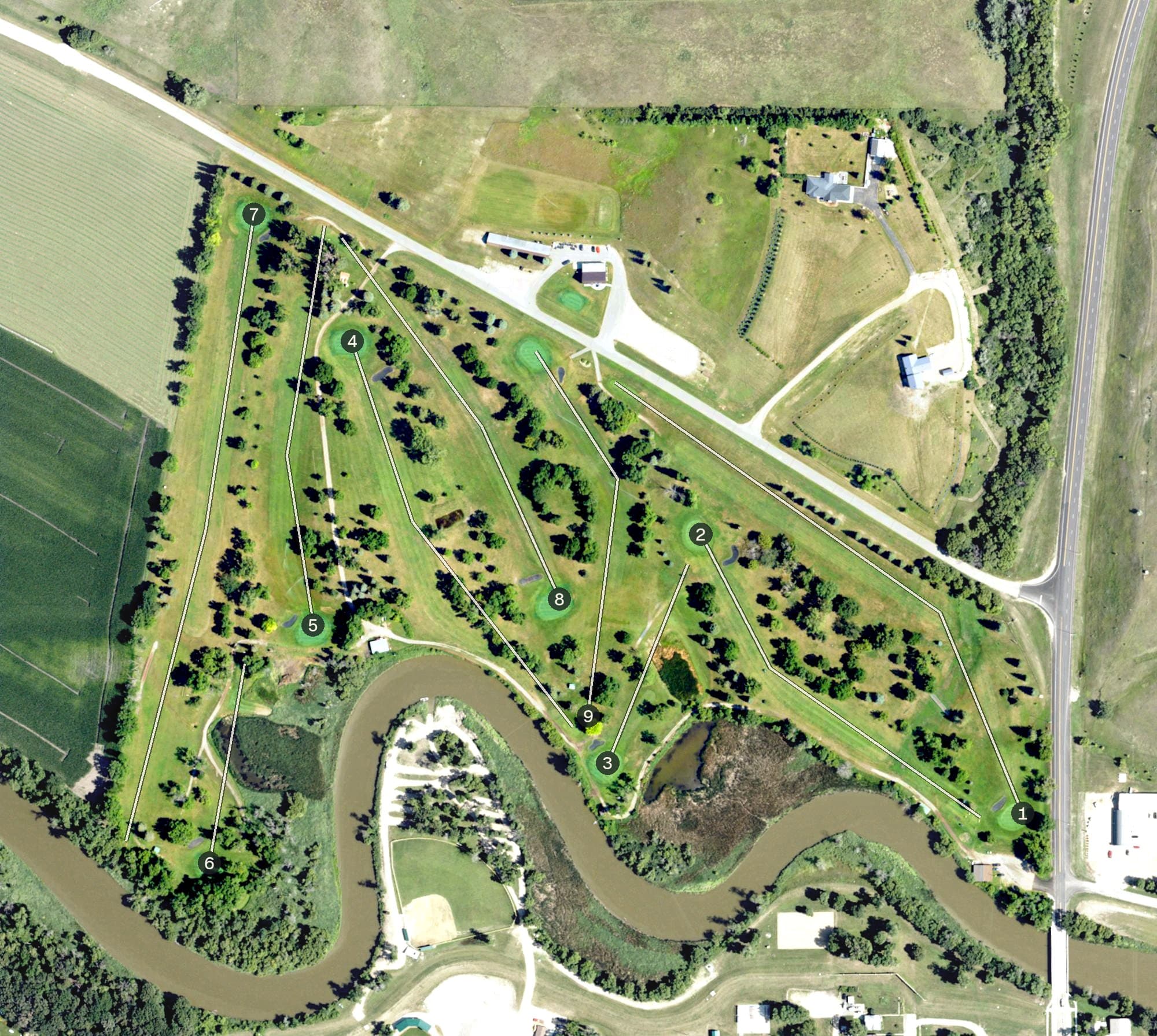 Aerial view of Lisbon Bissell Golf Course, ND, with its hole routing marked