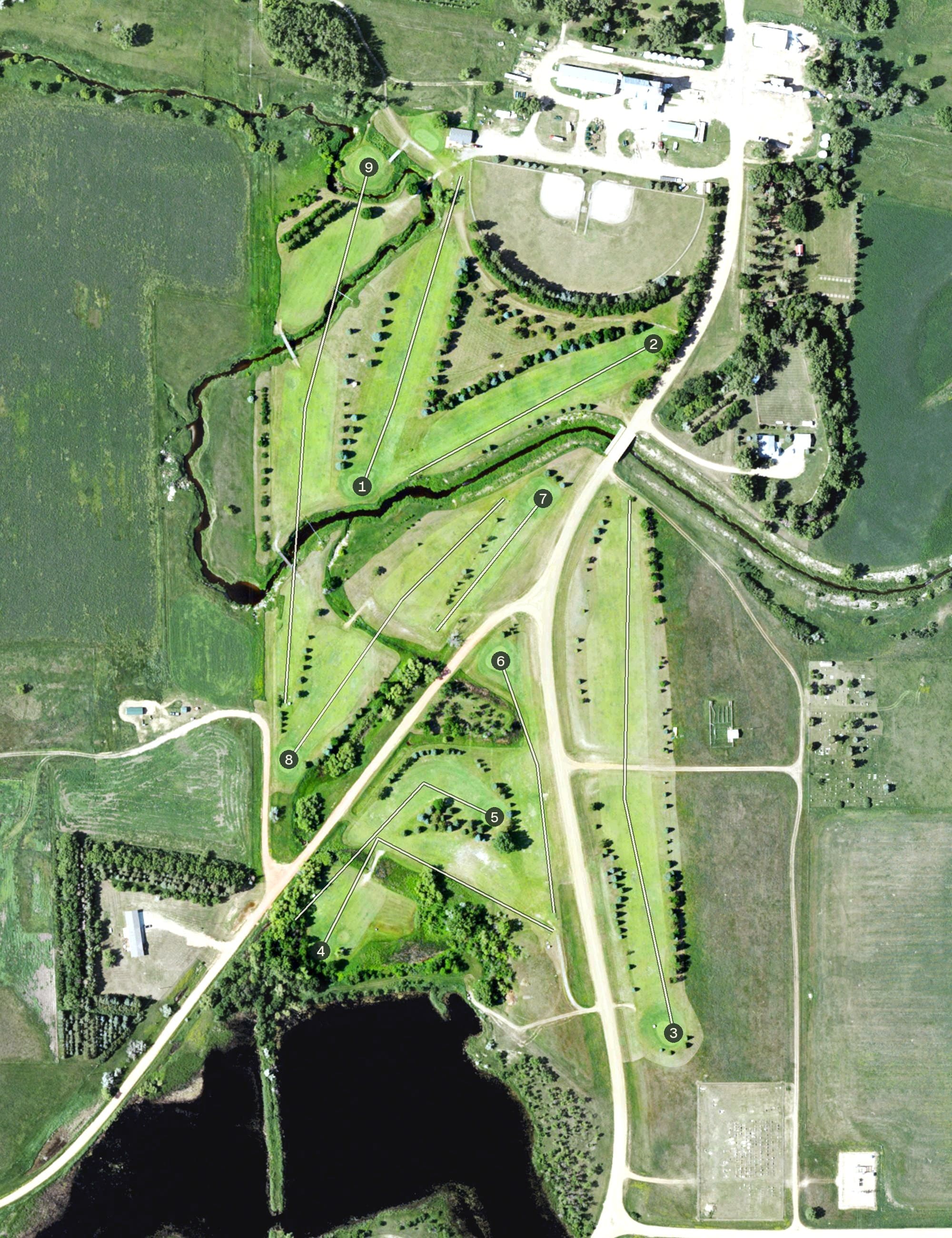 Aerial view of Louse Creek Country Club, ND, with its hole routing marked