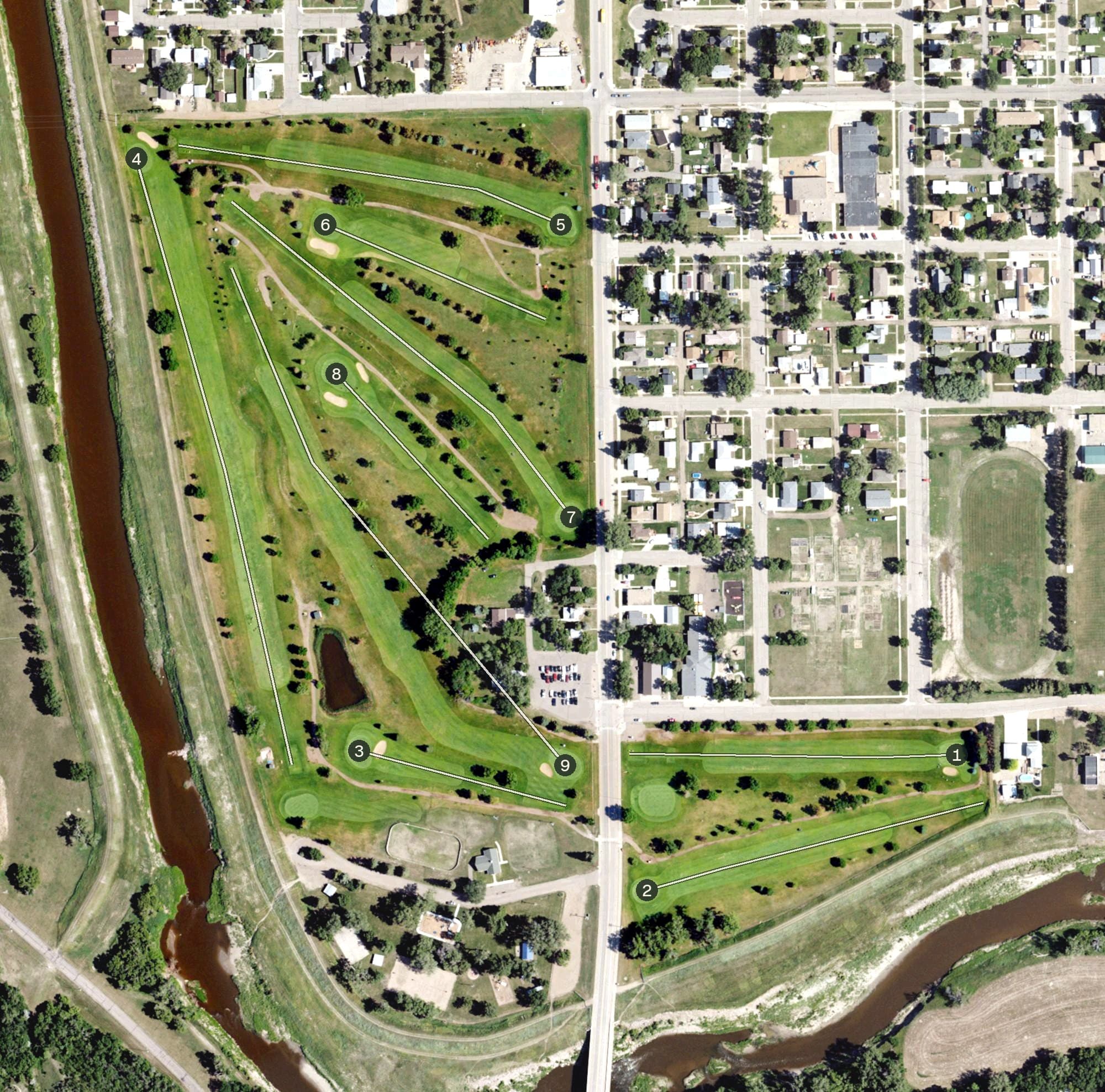 Aerial view of Mandan Municipal Golf Course, ND, with its hole routing marked