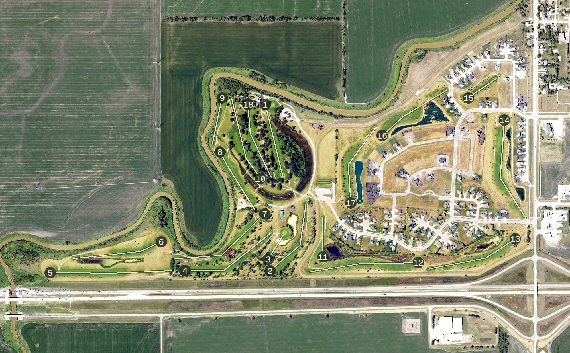 Aerial view of Maple River Golf Club, ND, with its hole routing marked