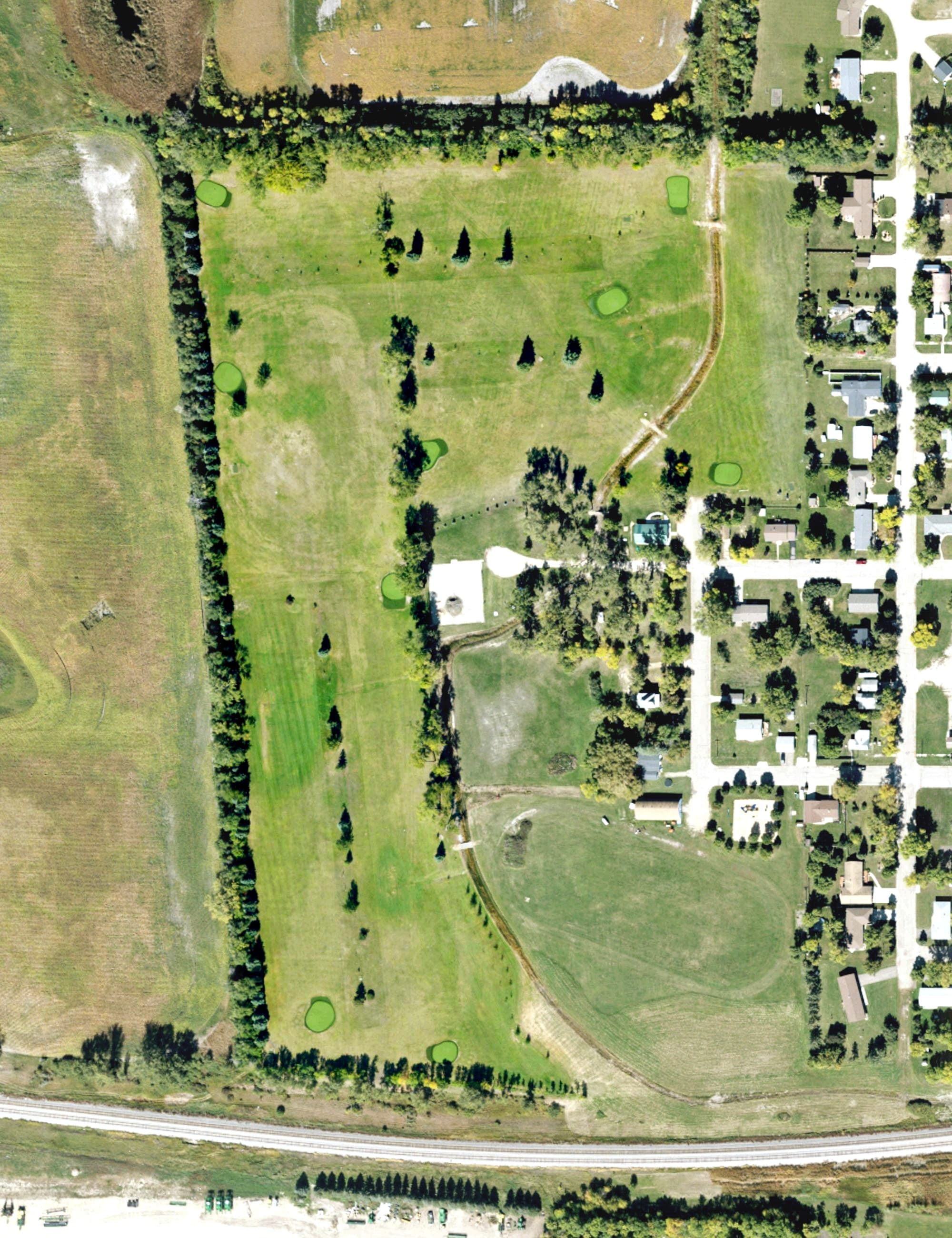 Aerial view of Michigan Public Golf Course, ND, with its hole routing marked