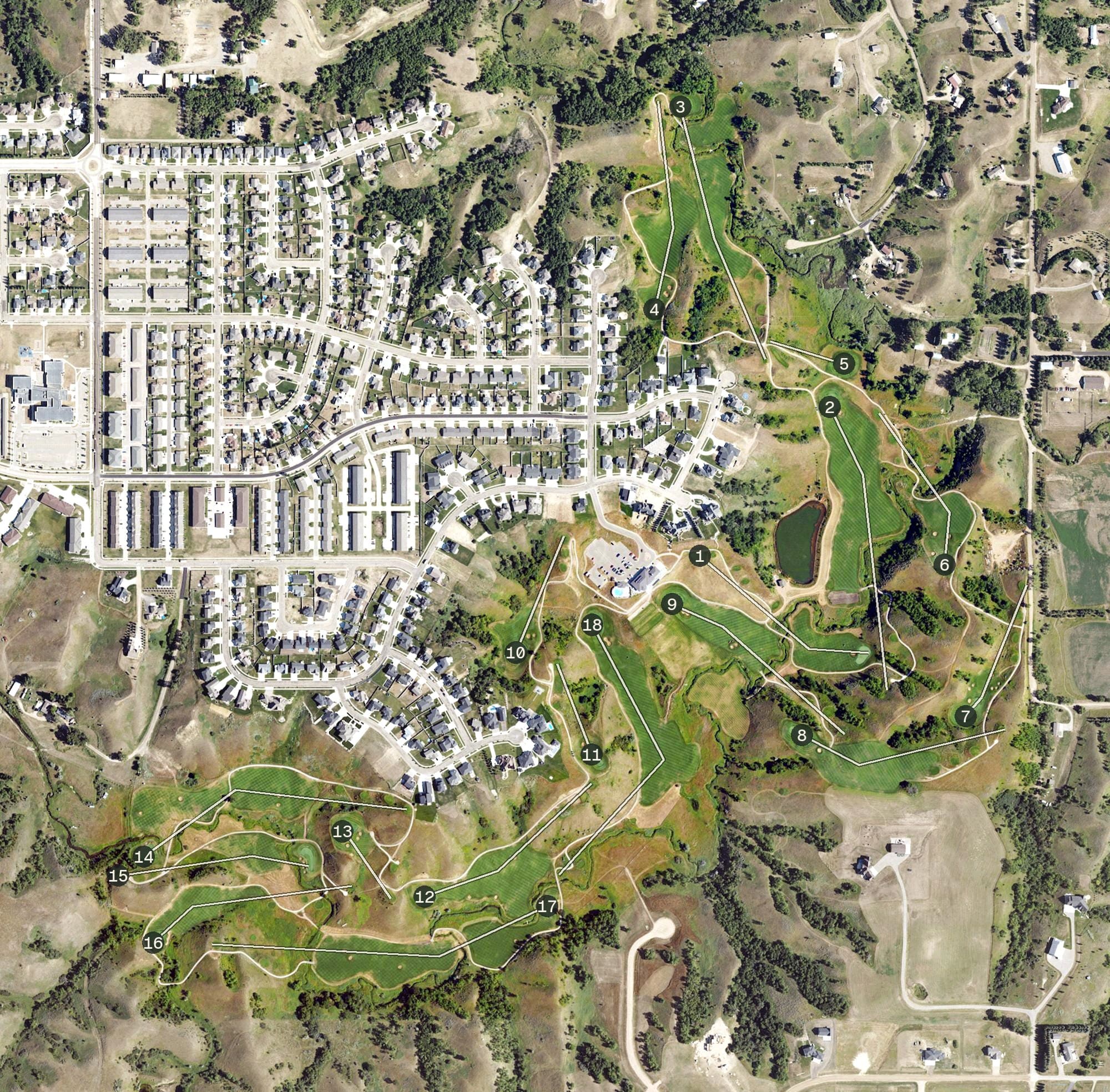 Aerial view of Minot Country Club, ND, with its hole routing marked
