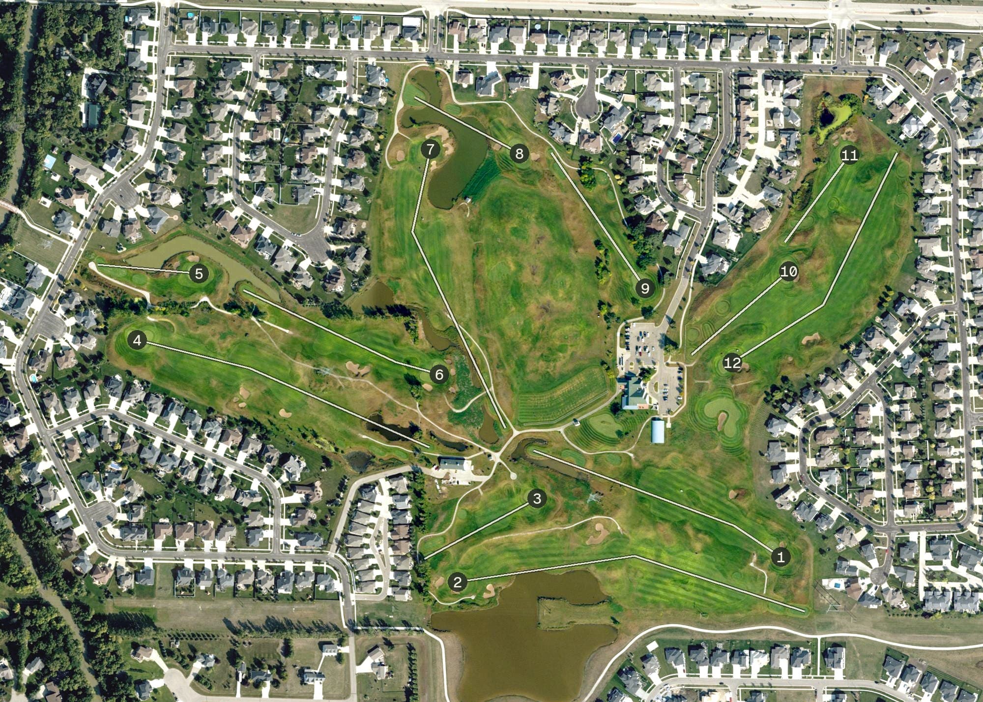 Aerial view of Osgood Golf Course, ND, with its hole routing marked