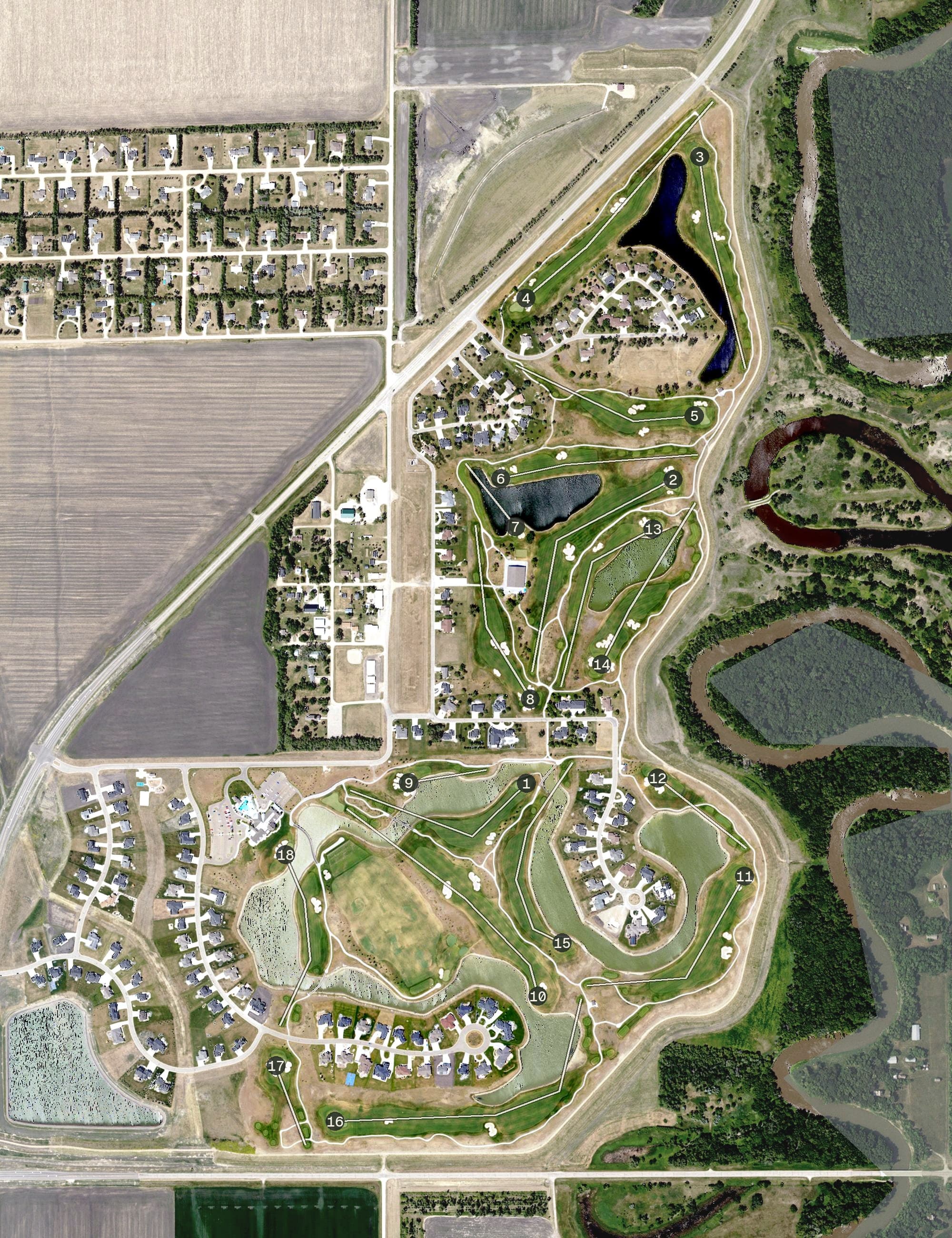 Aerial view of Oxbow Country Club, ND, with its hole routing marked