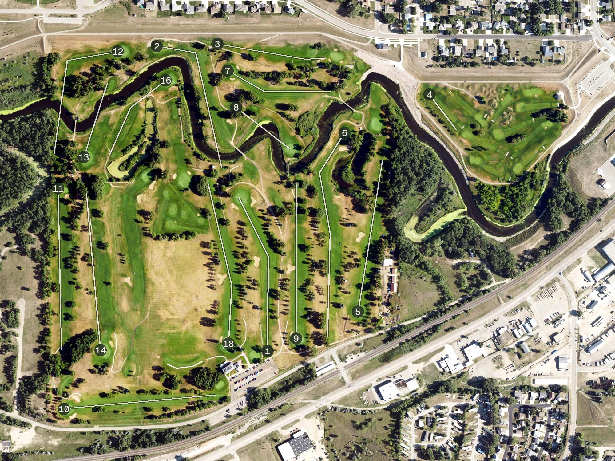 Aerial view of Souris Valley Golf Course, ND, with its hole routing marked