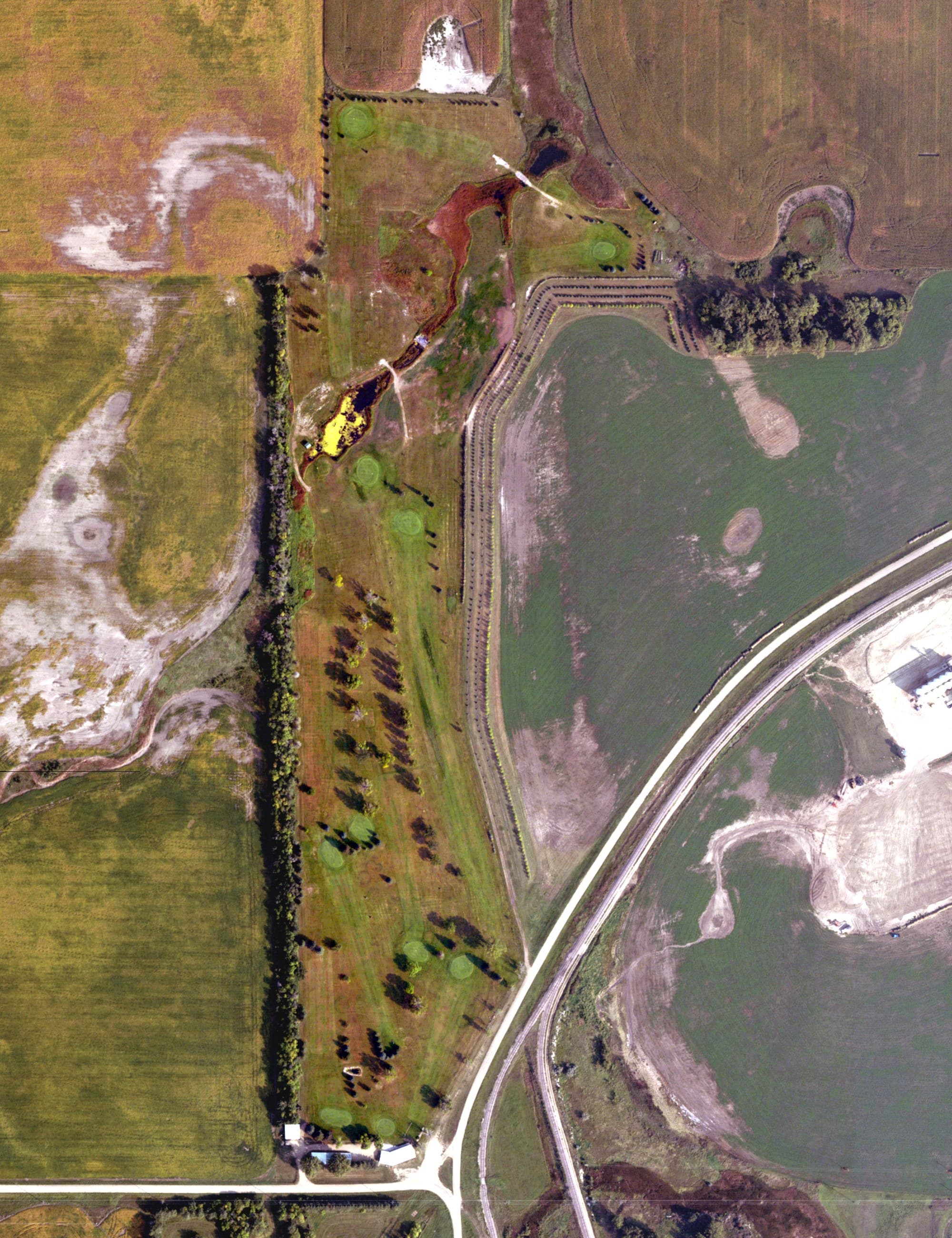 Aerial view of Splickan Golf Course, ND, with its hole routing marked