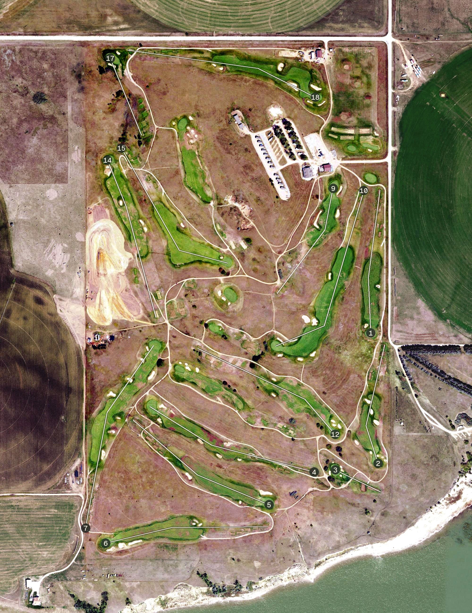Aerial view of The Links of North Dakota at Red Mike Resort, ND, with its hole routing marked