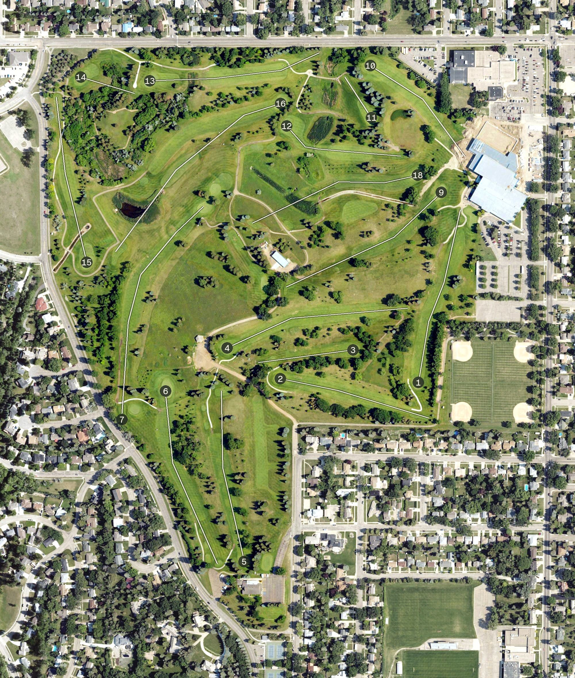 Aerial view of Tom O'Leary Golf Course, ND, with its hole routing marked