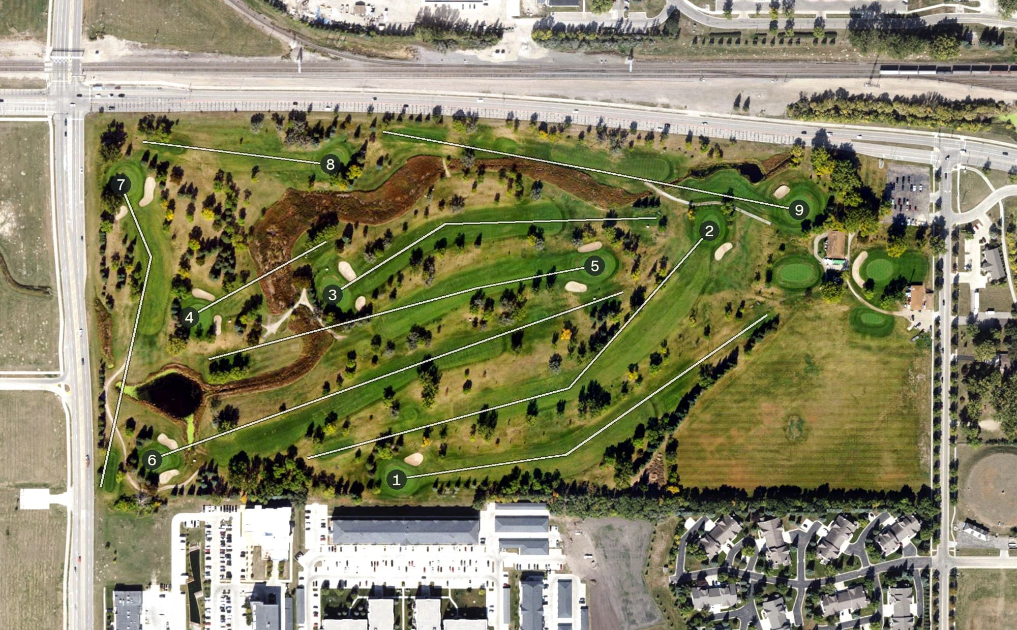 Aerial view of University of North Dakota Golf Course, ND, with its hole routing marked