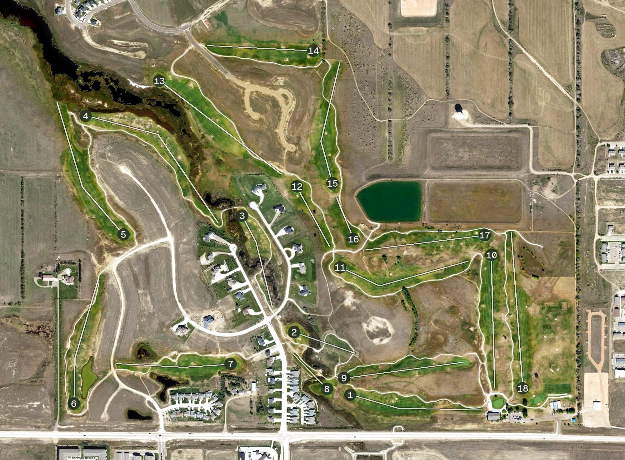 Aerial view of Watford City Golf Course, ND, with its hole routing marked