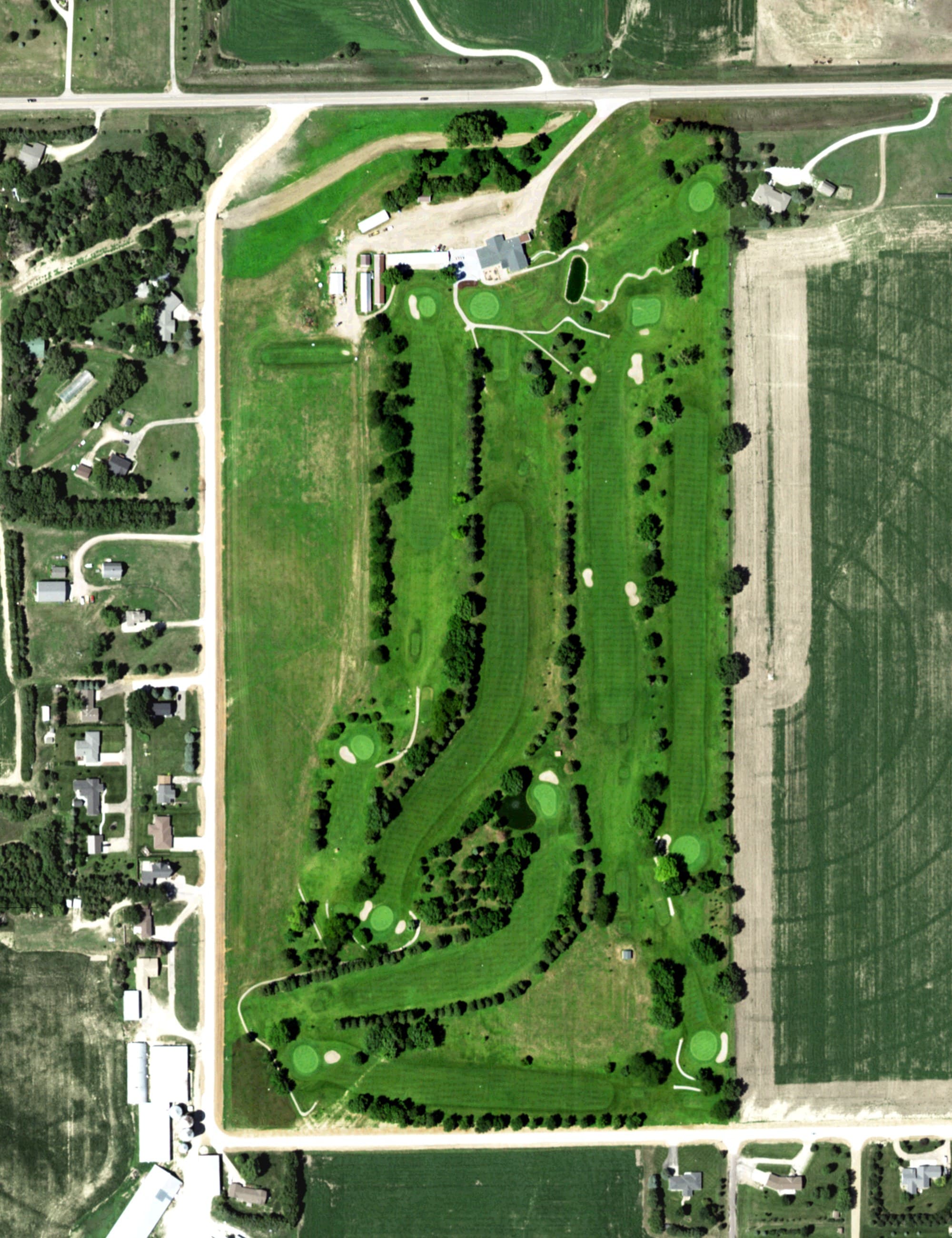 Aerial view of Albion Country Club, NE, with its hole routing marked