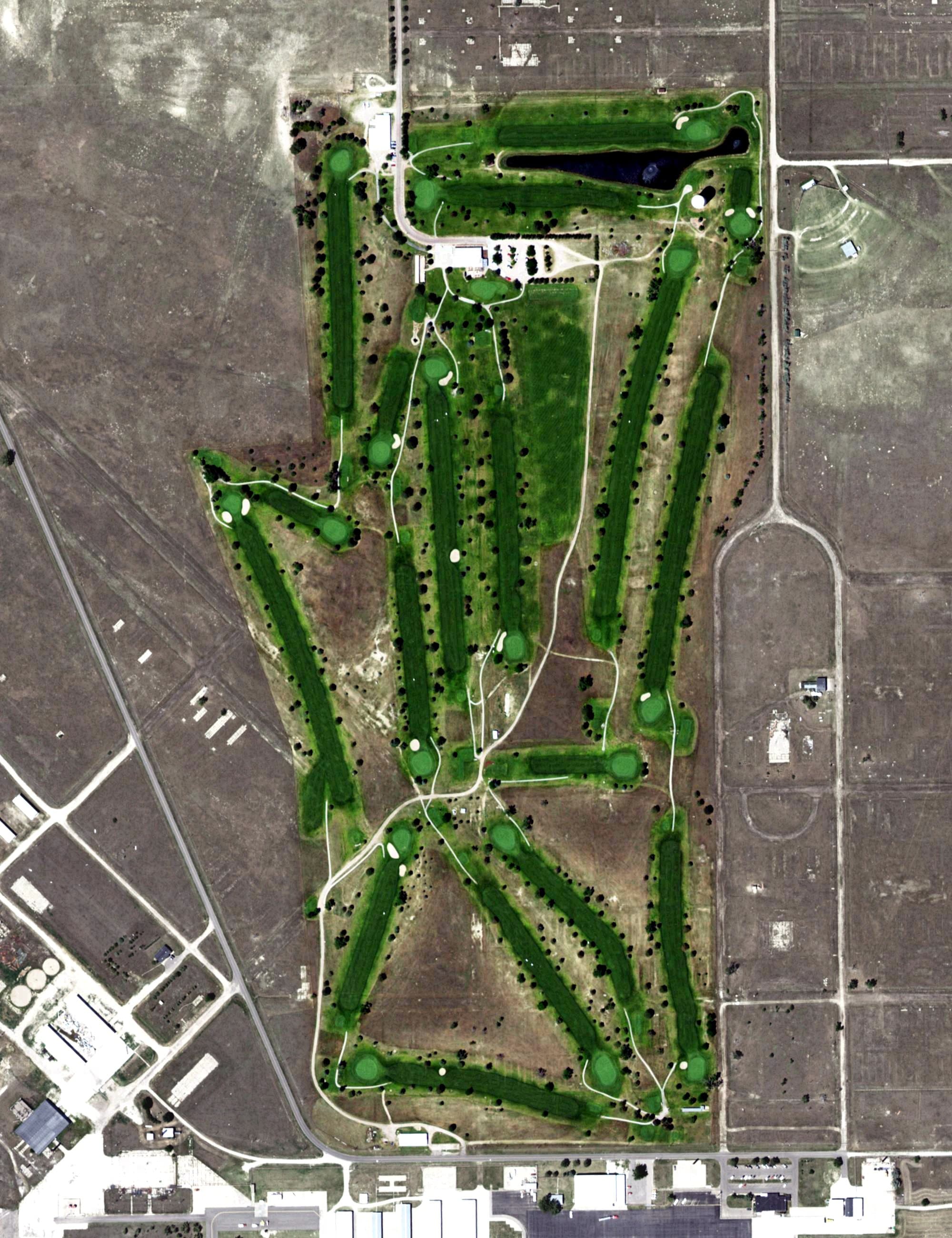 Aerial view of Alliance Municipal Golf Course, NE, with its hole routing marked