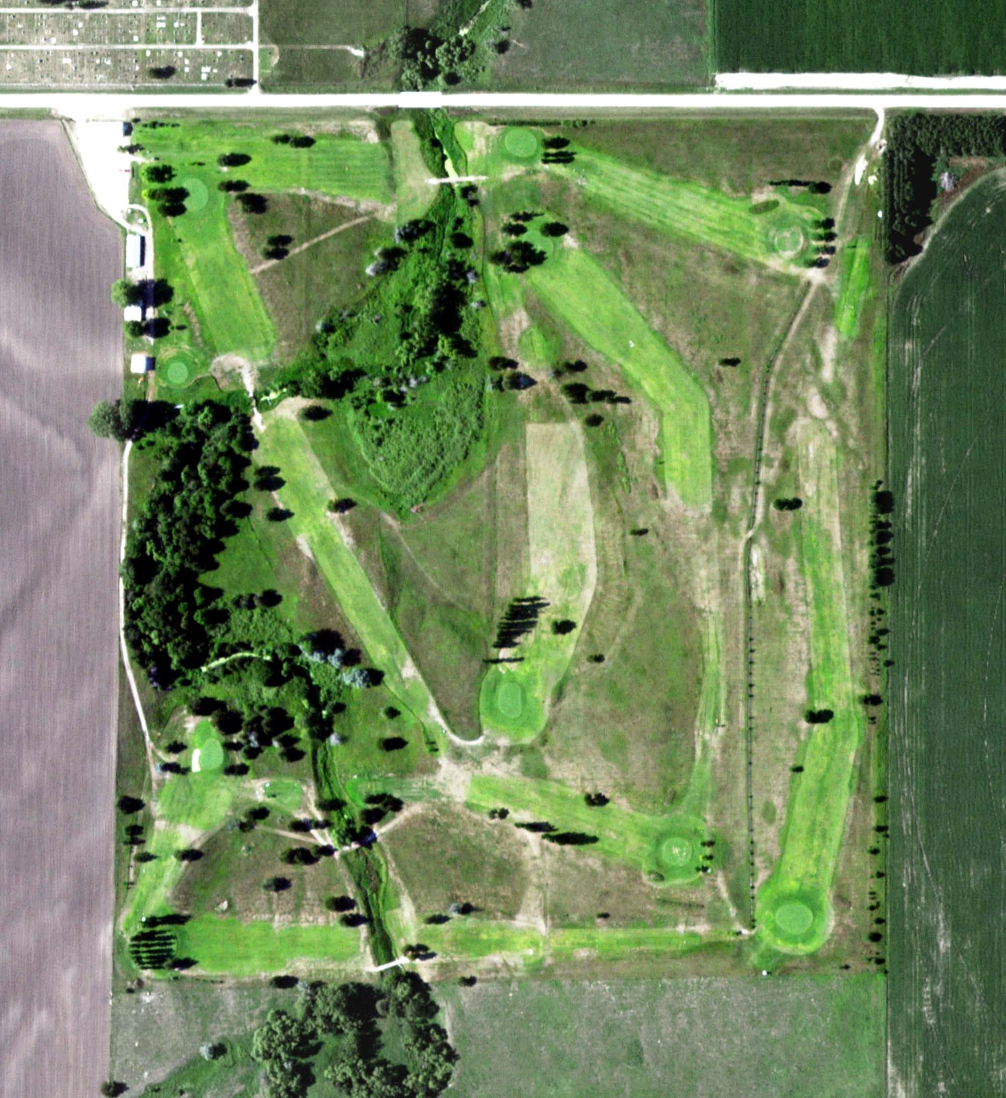 Aerial view of Arnold Golf Course, NE, with its hole routing marked