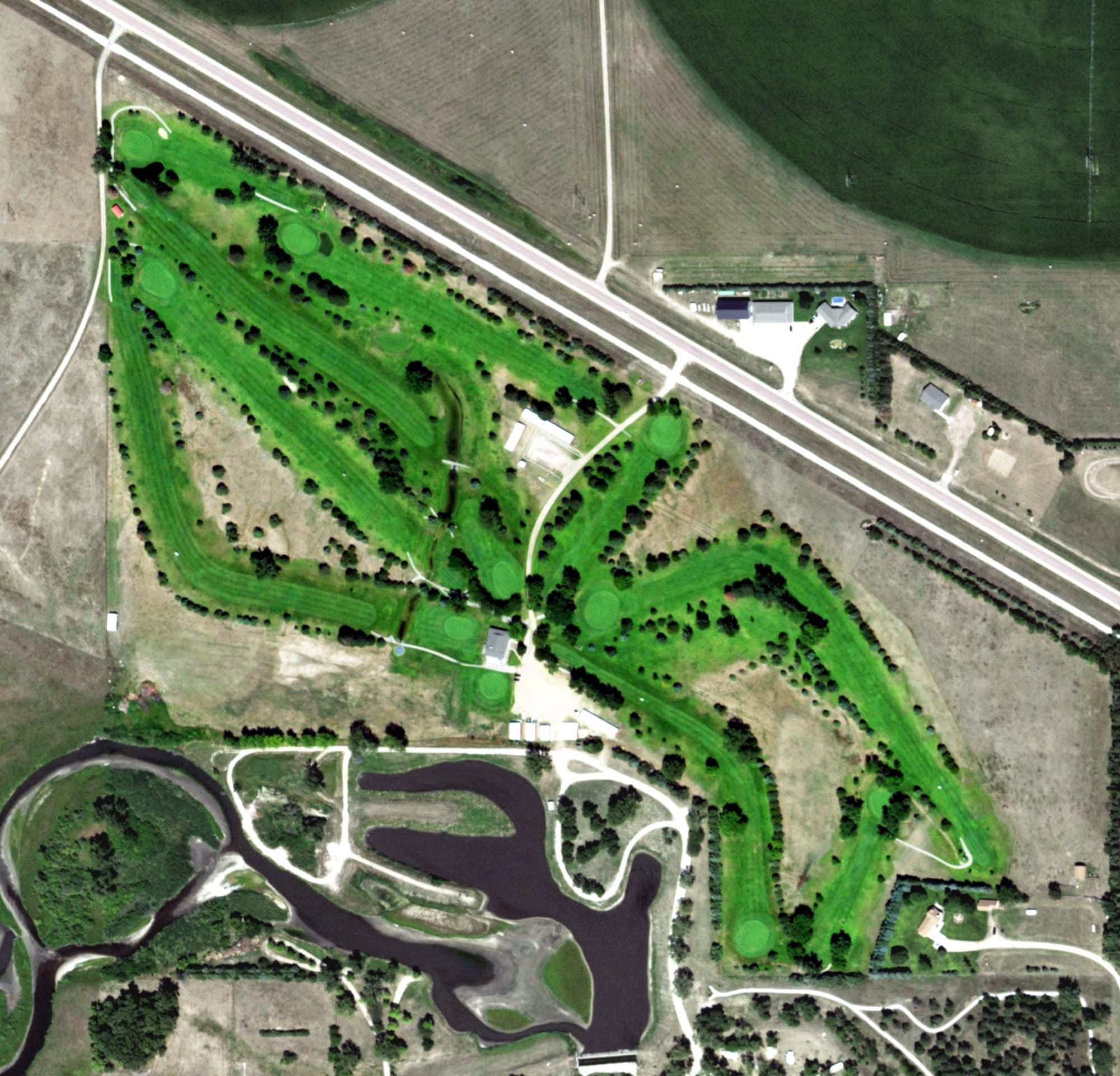 Aerial view of Atkinson-Stuart Country Club, NE, with its hole routing marked