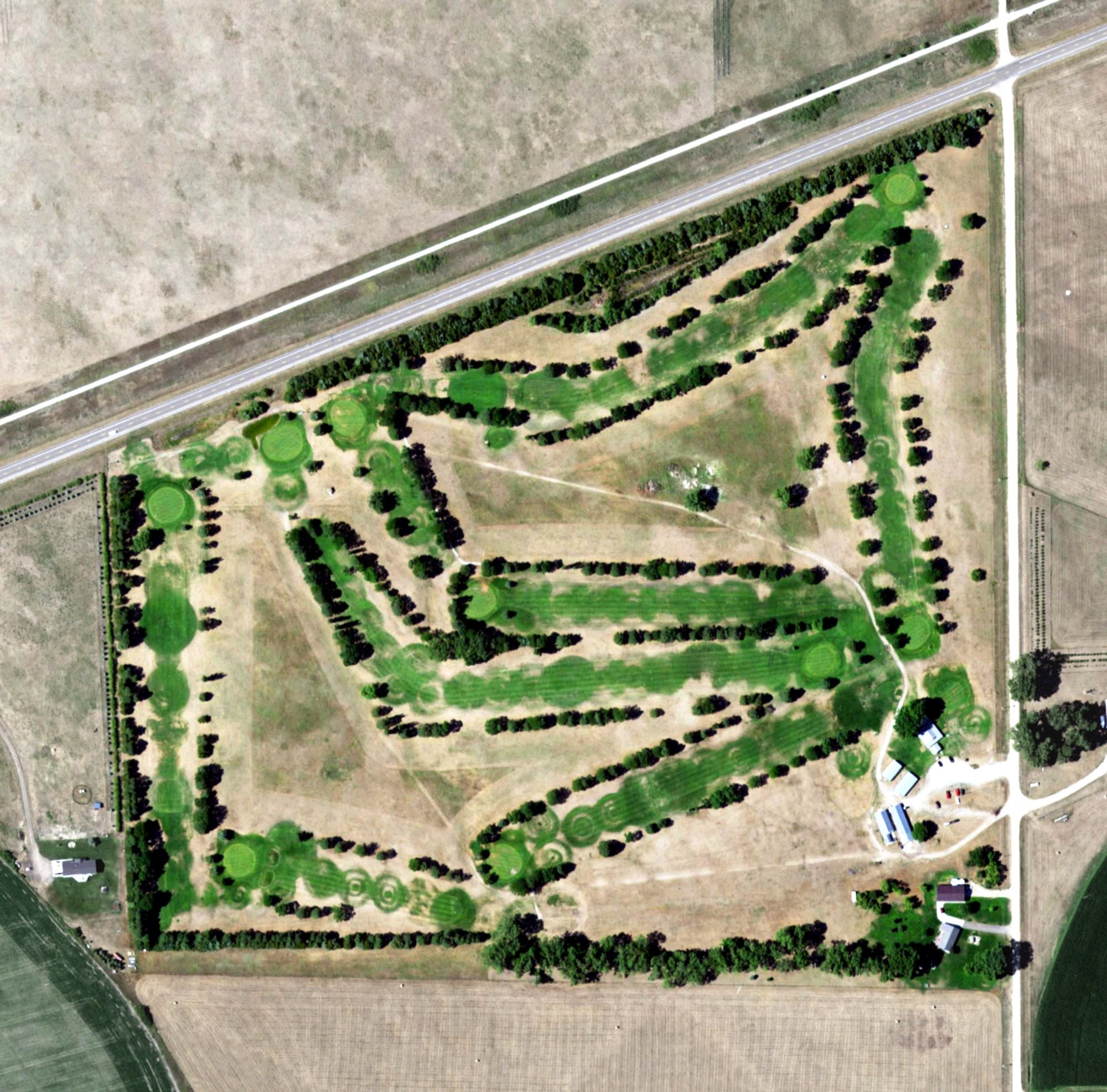 Aerial view of Bassett Country Club, NE, with its hole routing marked