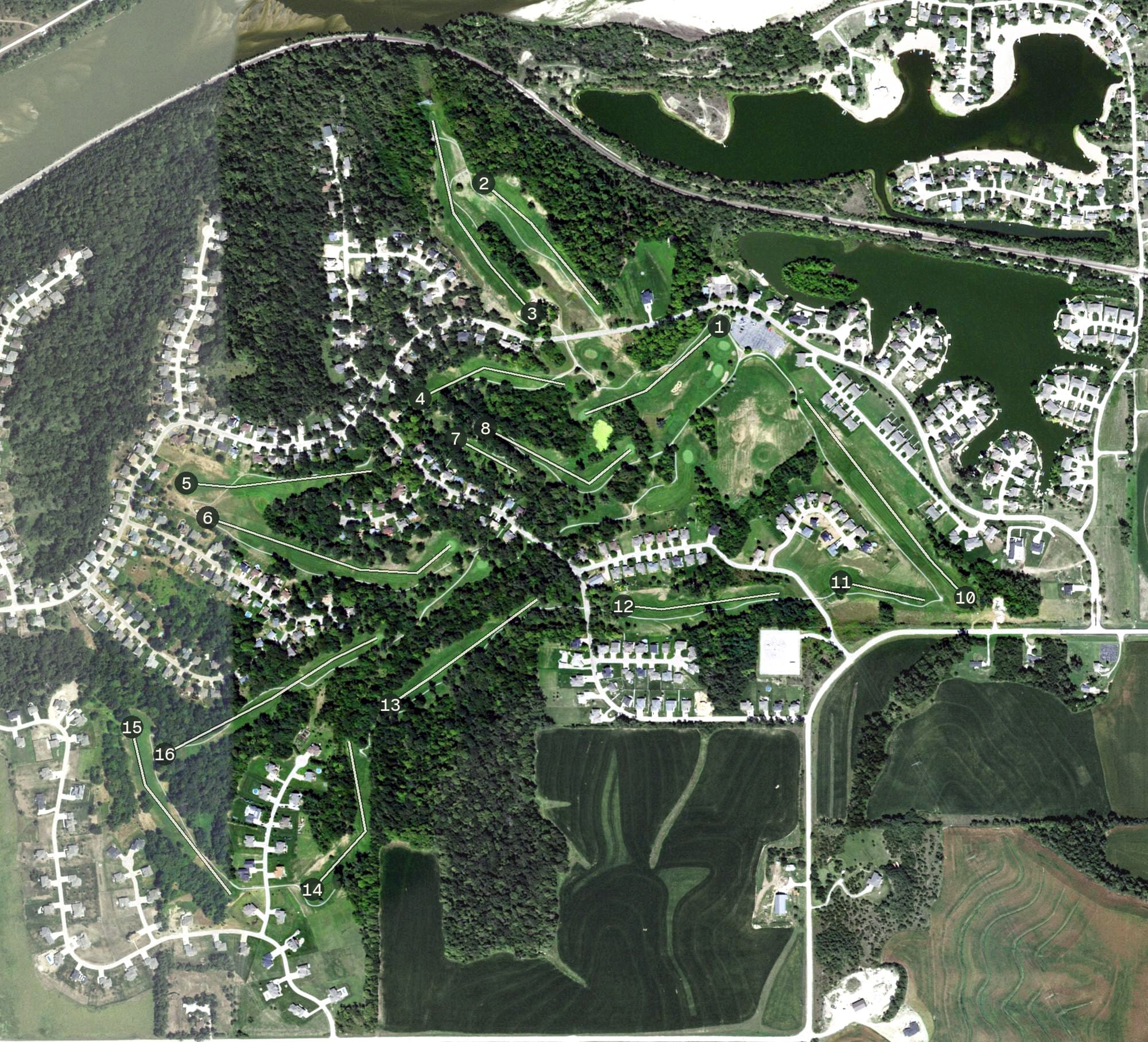 Aerial view of Bay Hills Golf Club, NE, with its hole routing marked