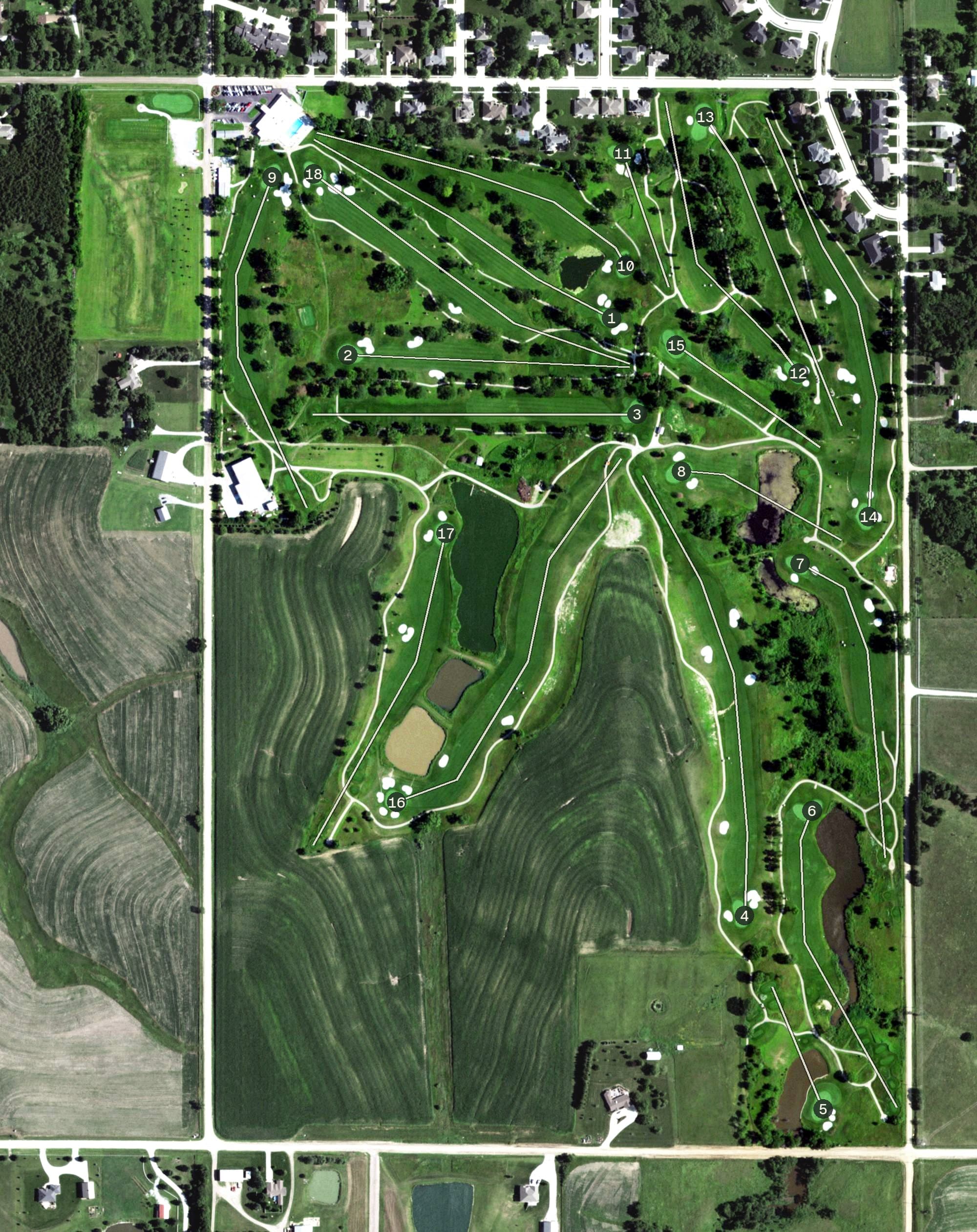 Aerial view of Beatrice Country Club, NE, with its hole routing marked