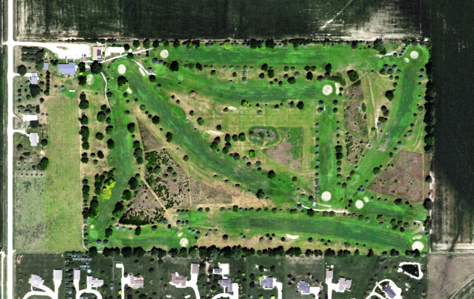 Aerial view of Buffalo Ridge Golf Course, NE, with its hole routing marked