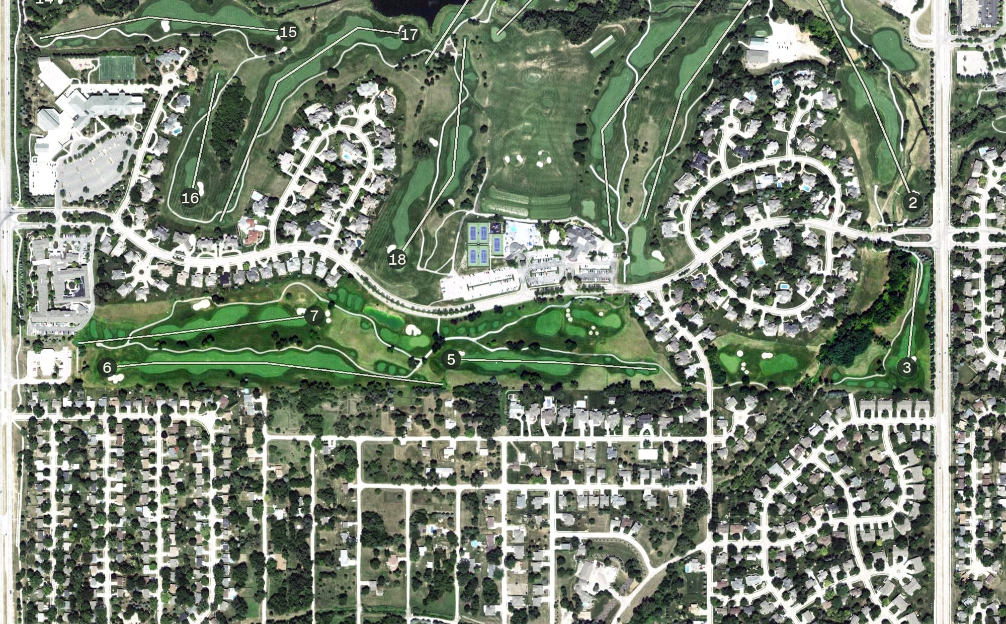 Aerial view of Champions Run Country Club, NE, with its hole routing marked
