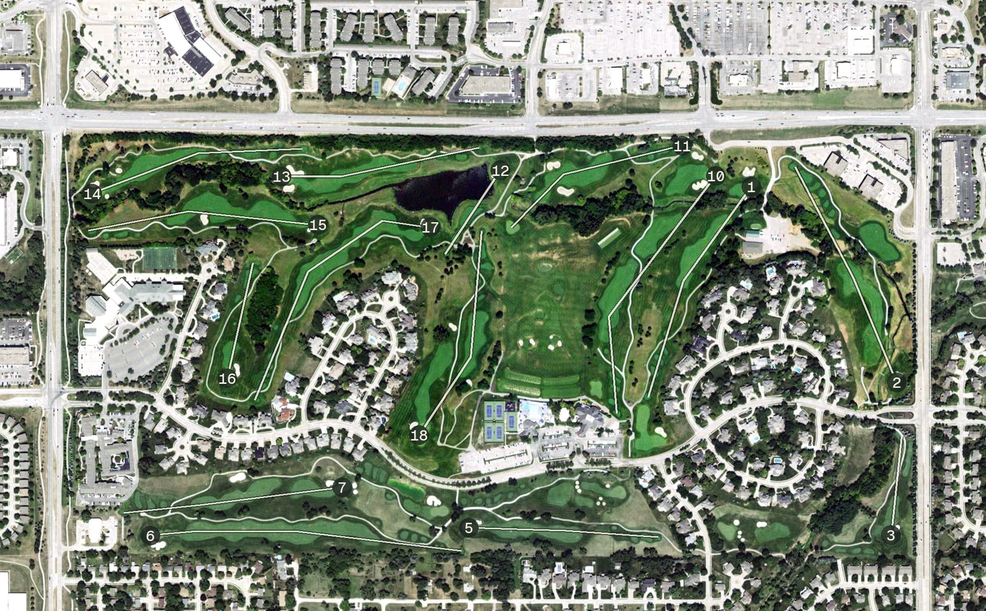 Aerial view of Champions Run Country Club, NE, with its hole routing marked