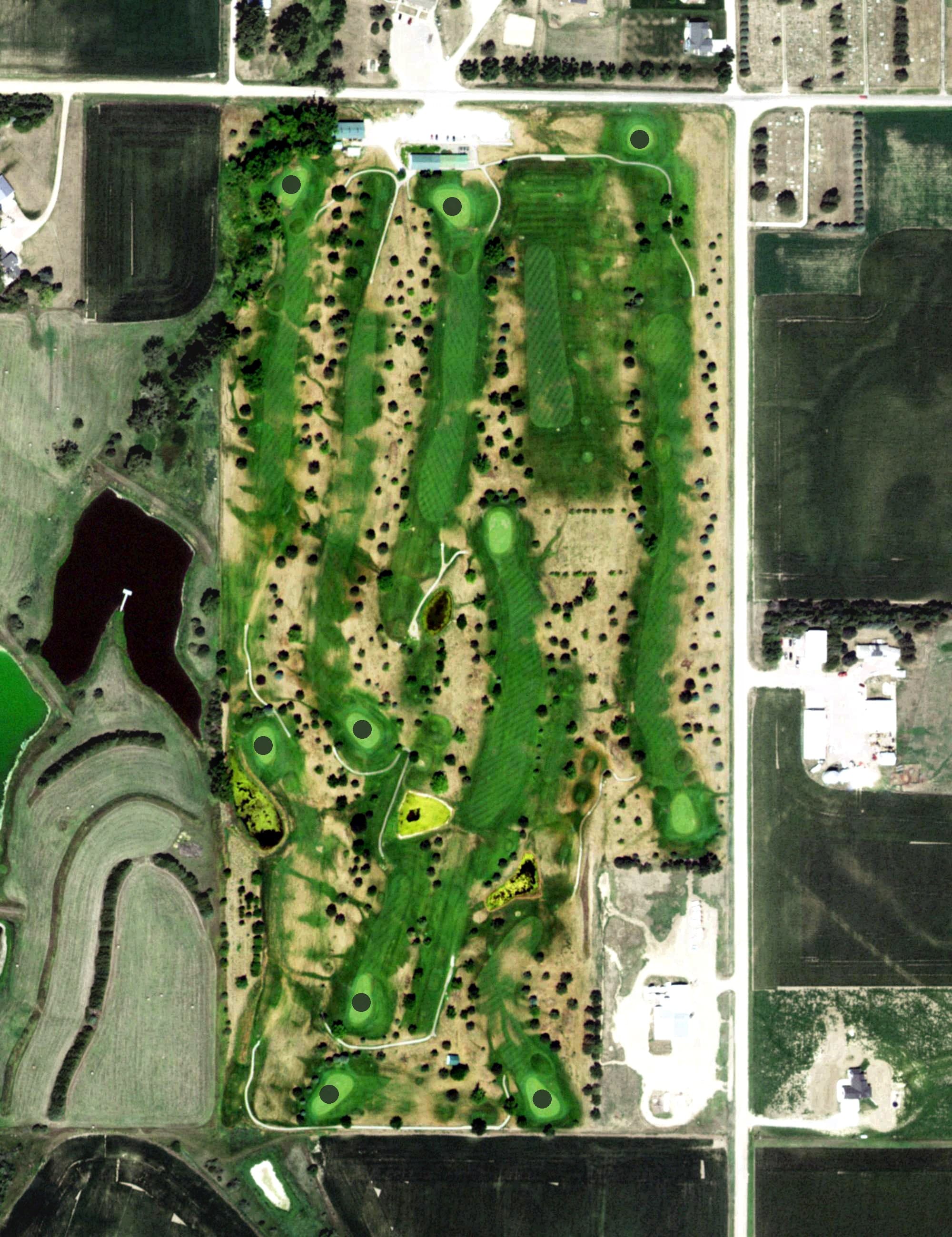 Aerial view of Charipar Golf Course, NE, with its hole routing marked