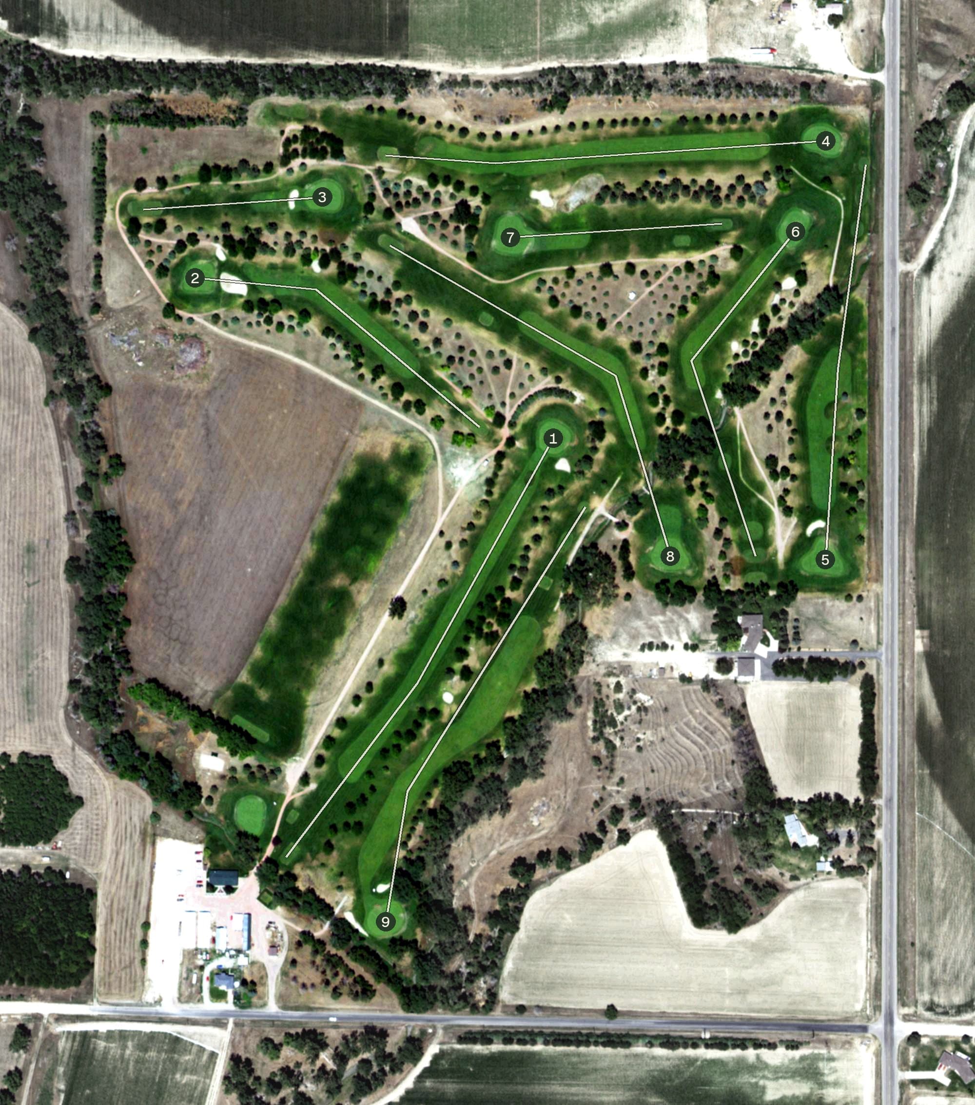 Aerial view of Chimney Rock Golf Course, NE, with its hole routing marked