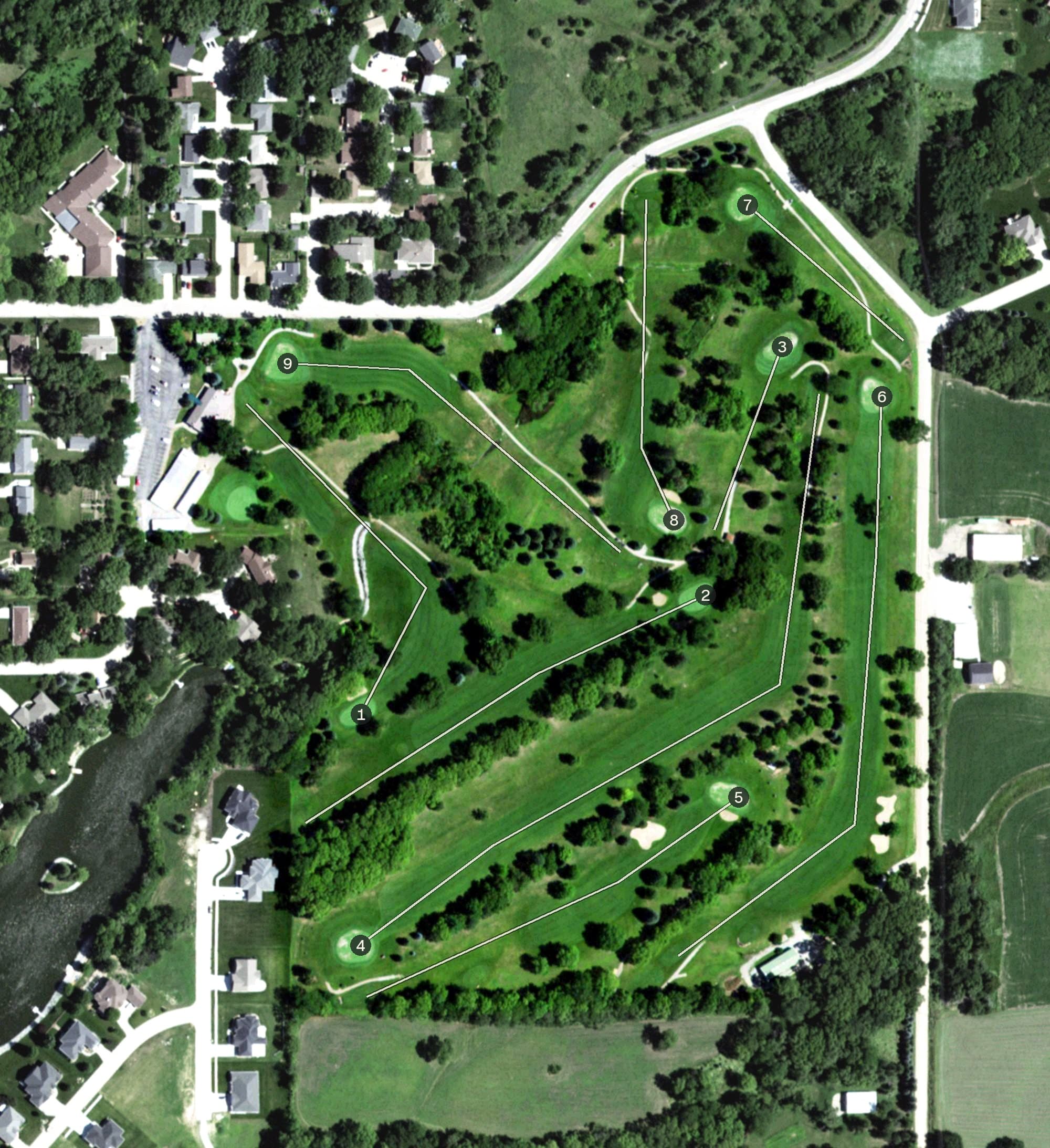 Aerial view of College Heights Country Club, NE, with its hole routing marked