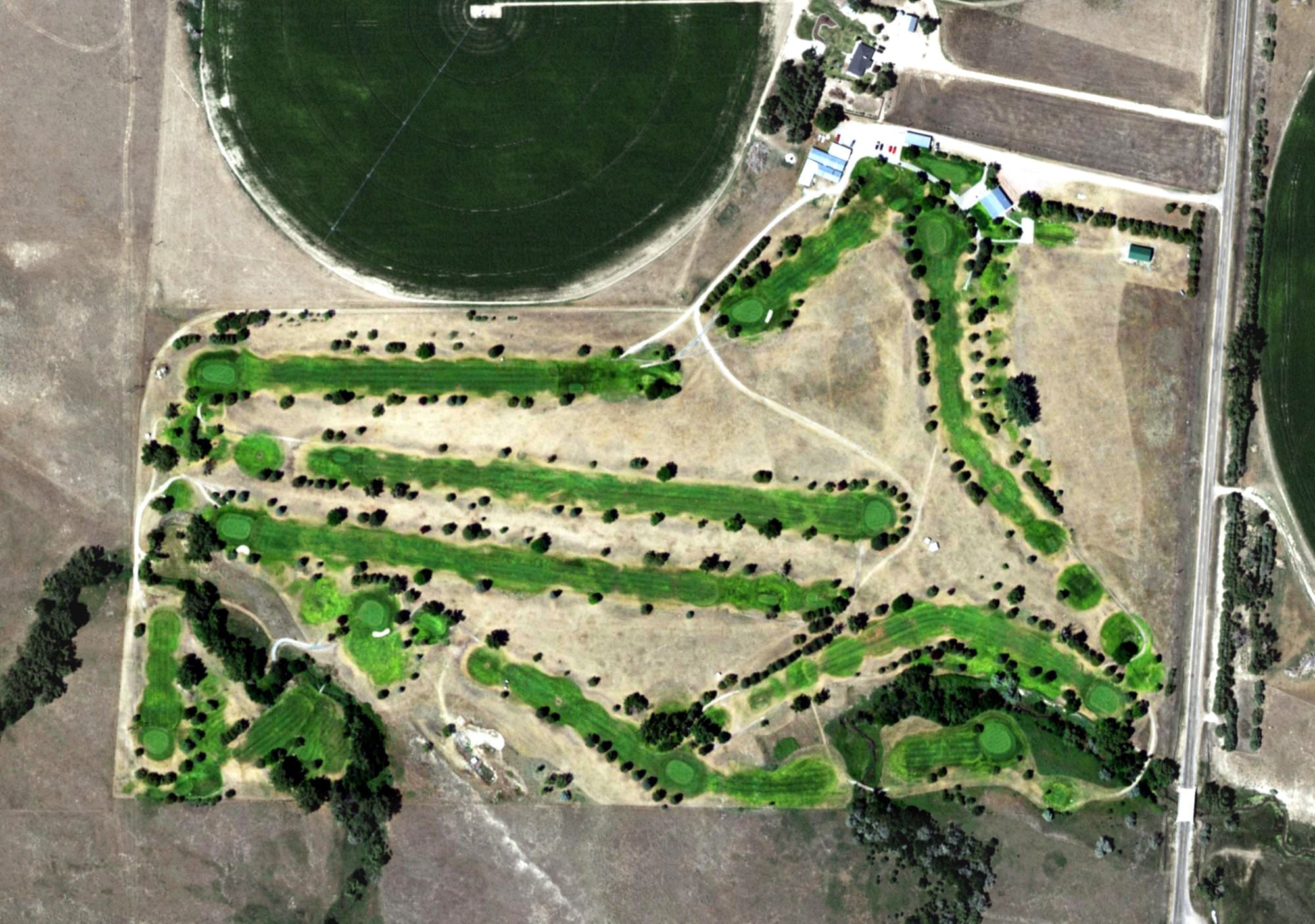 Aerial view of Courthouse and Jail Rock Golf Course, NE, with its hole routing marked