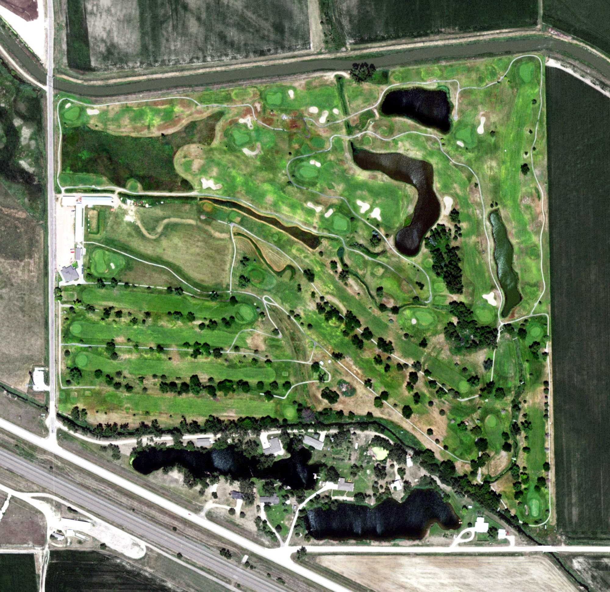 Aerial view of Cozad Country Club, NE, with its hole routing marked