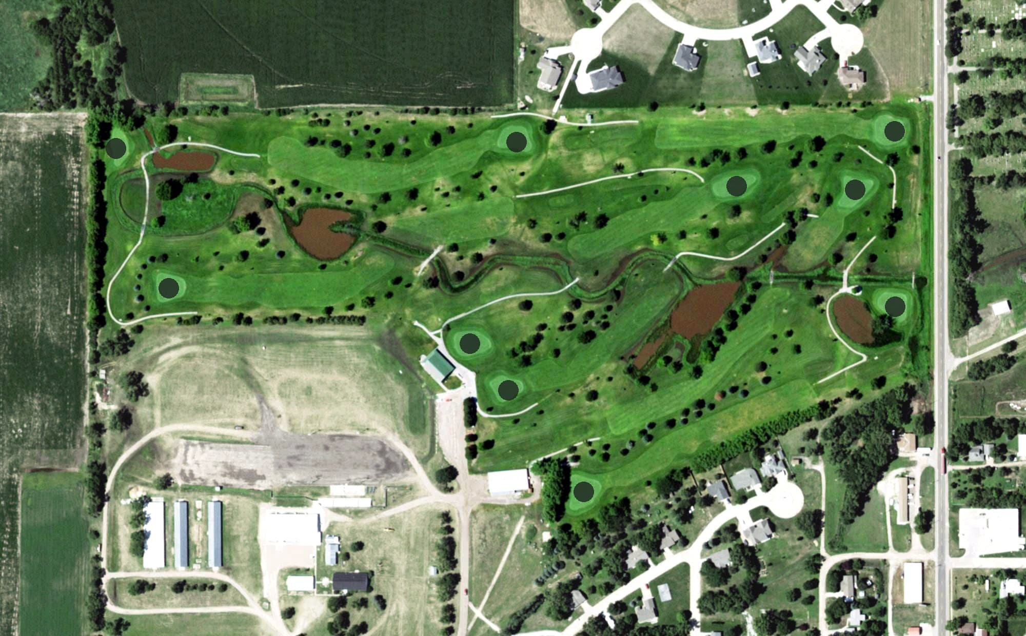 Aerial view of Crooked Creek Course, NE, with its hole routing marked