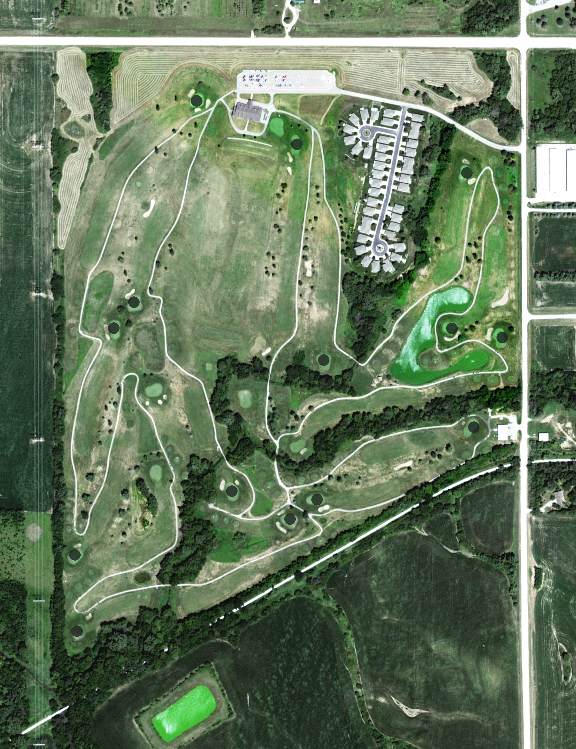 Aerial view of Crooked Creek Golf Course, NE, with its hole routing marked